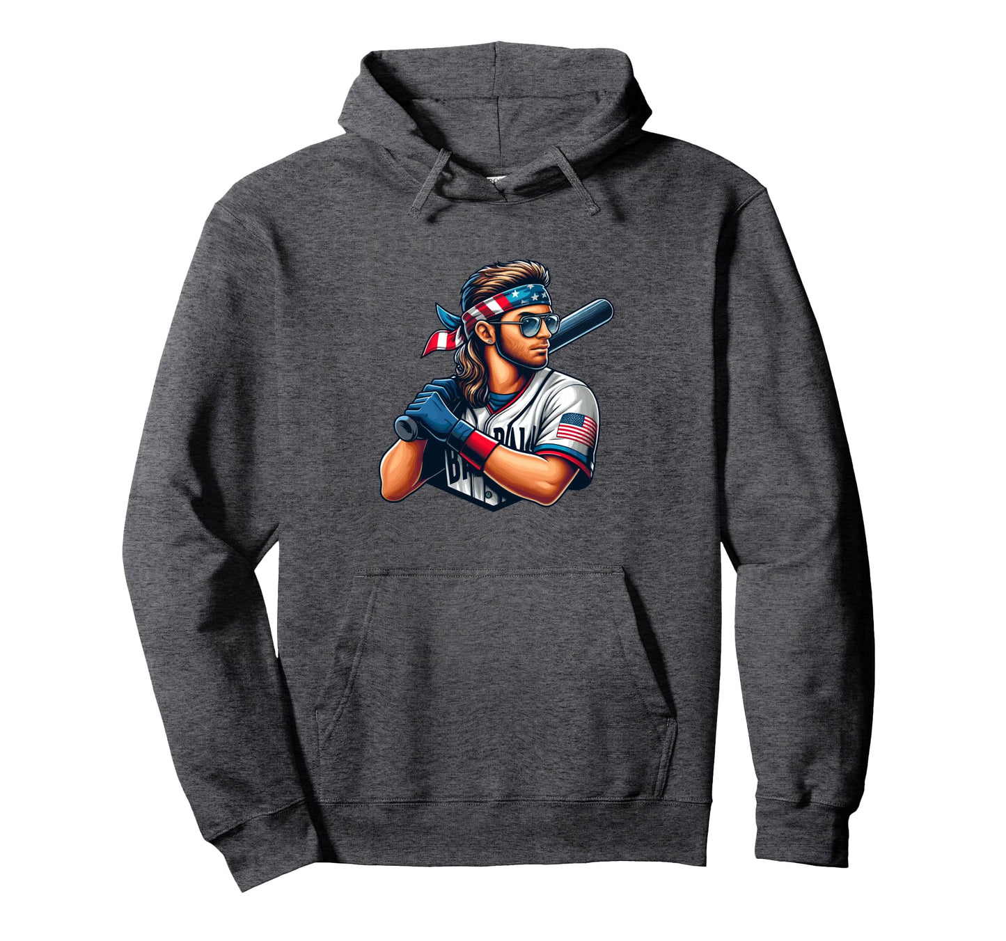 Baseball Player Mullet American Flag Hoodie - Custom Art Print Unisex - T-Shirt, Sweatshirt, Hoodie