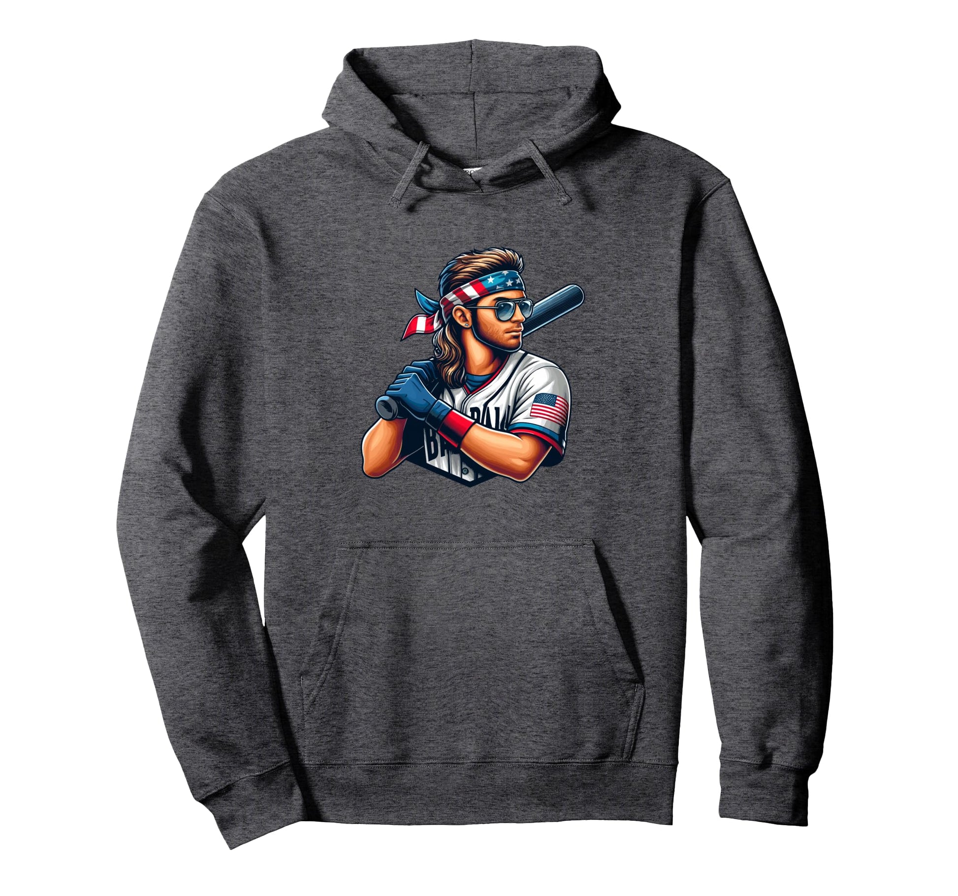 Baseball Player Mullet American Flag Hoodie - Custom Art Print Unisex - T-Shirt, Sweatshirt, Hoodie