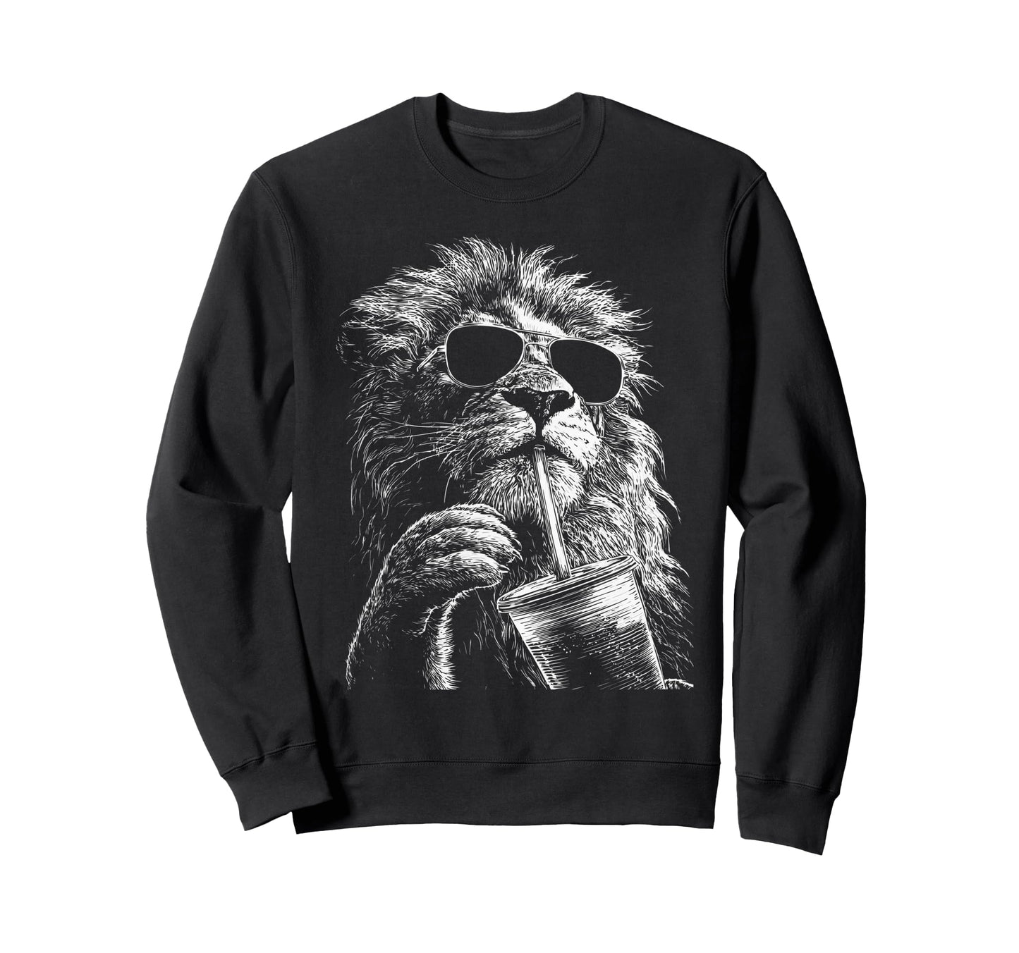 Lion Drinking Iced Coffee Funny Sweatshirt - Fun Novelty Design Men Women - T-Shirt, Sweatshirt, Hoodie