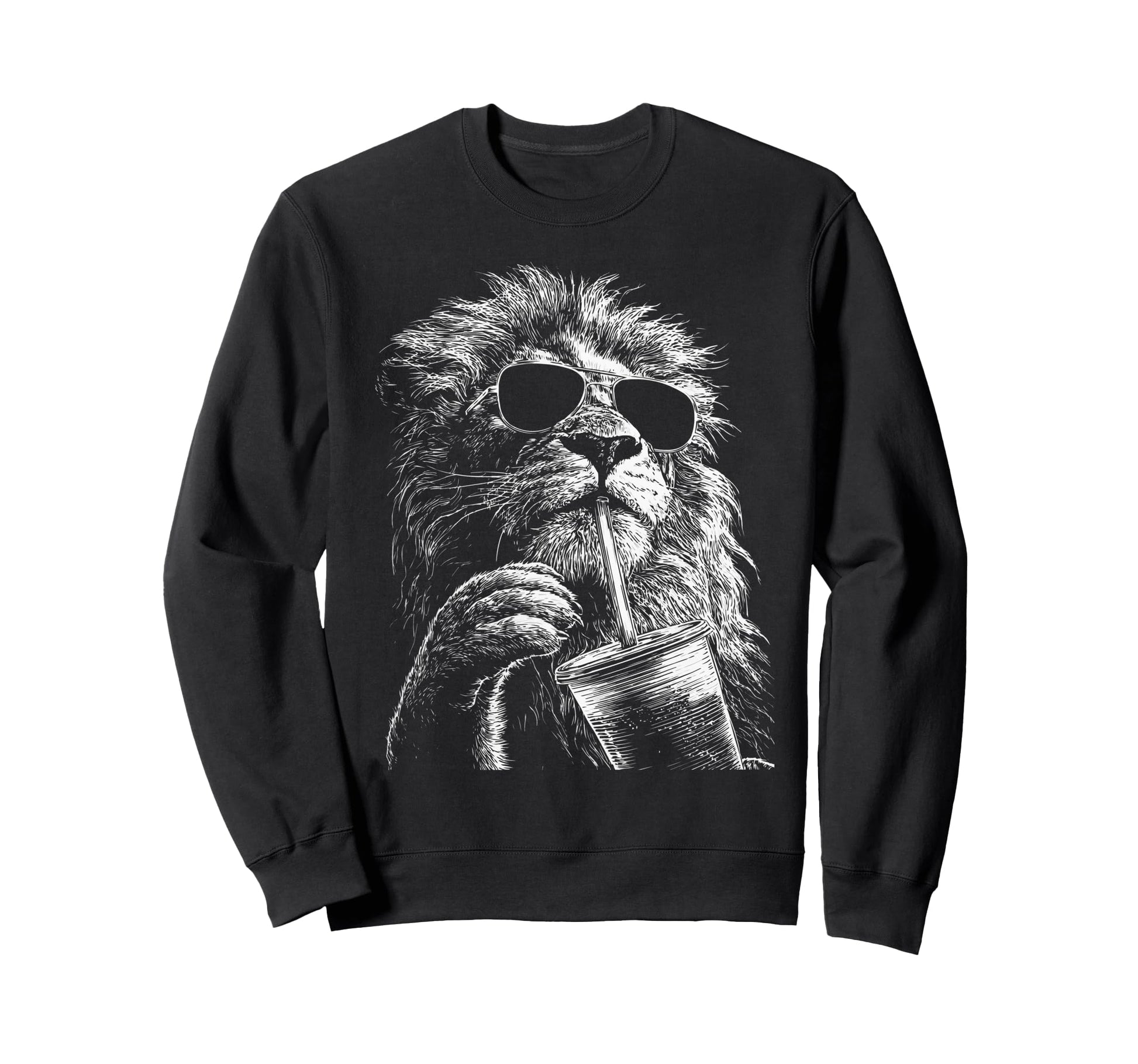 Lion Drinking Iced Coffee Funny Sweatshirt - Fun Novelty Design Men Women - T-Shirt, Sweatshirt, Hoodie