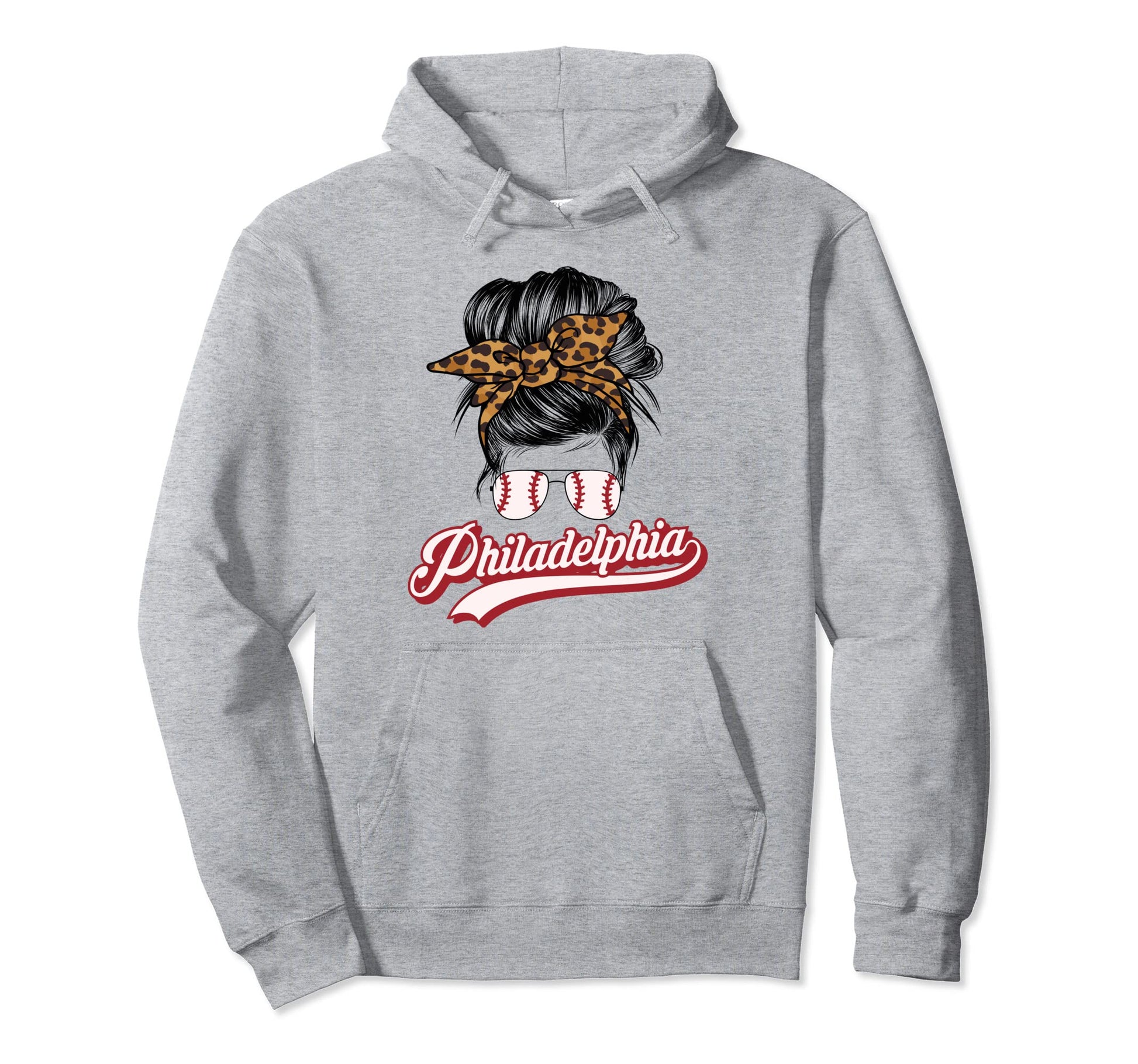 Philly Baseball Leopard Messy Bun Hoodie - Streetwear Style Unisex - T-Shirt, Sweatshirt, Hoodie