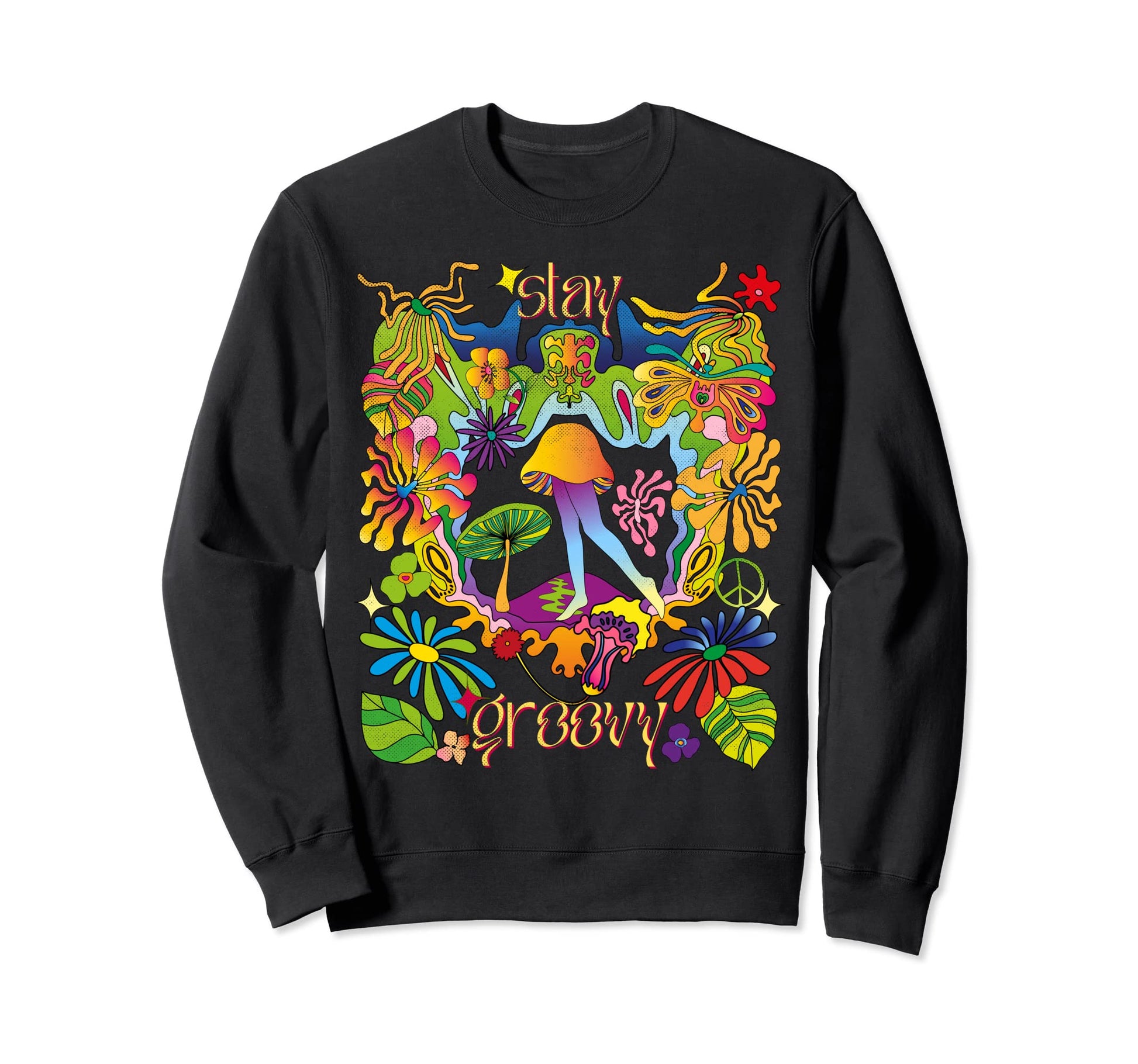 Stay Groovy 70S Mushroom Hippie Sweatshirt - Aesthetic Graphic Unisex - T-Shirt, Sweatshirt, Hoodie