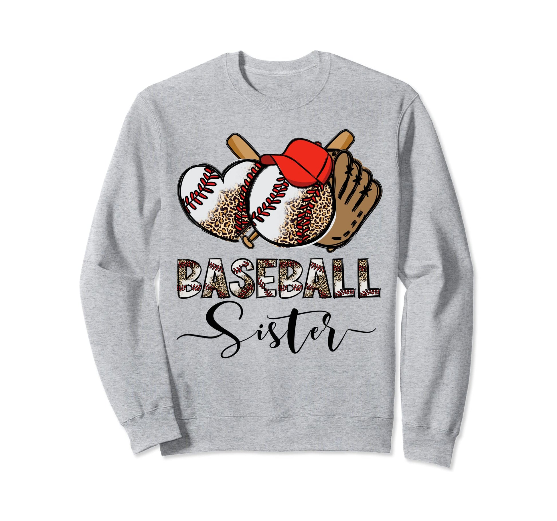 Baseball Sister Leopard Heart Funny Sweatshirt - Unique Graphic Men Women - T-Shirt, Sweatshirt, Hoodie