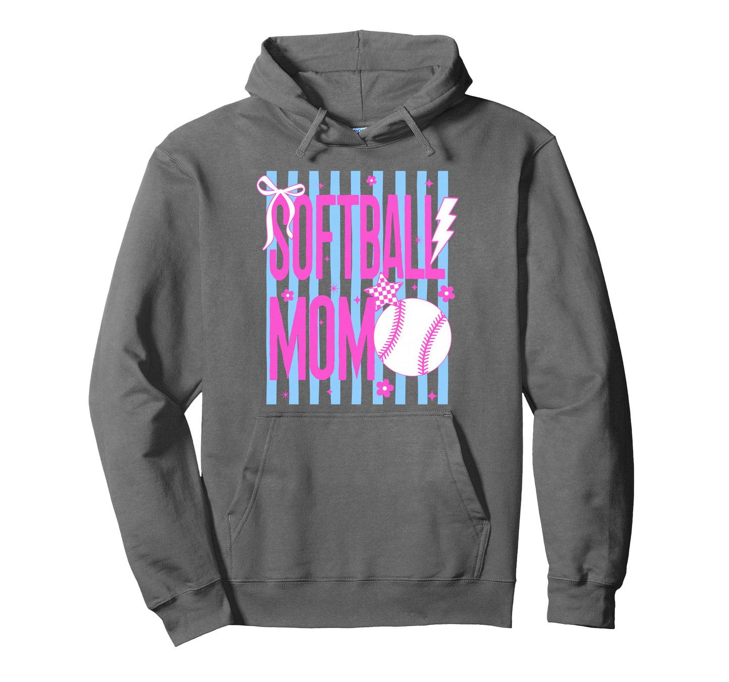 Softball Mom Striped Bow Hoodie - Fun Novelty Design Unisex - T-Shirt, Sweatshirt, Hoodie