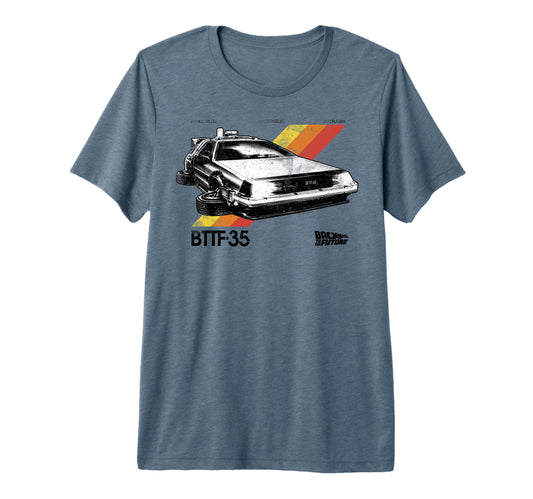 Back To Future 35Th Stripe Delorean Tri T-Shirt - Trendy Graphic Men Women - T-Shirt, Sweatshirt, Hoodie