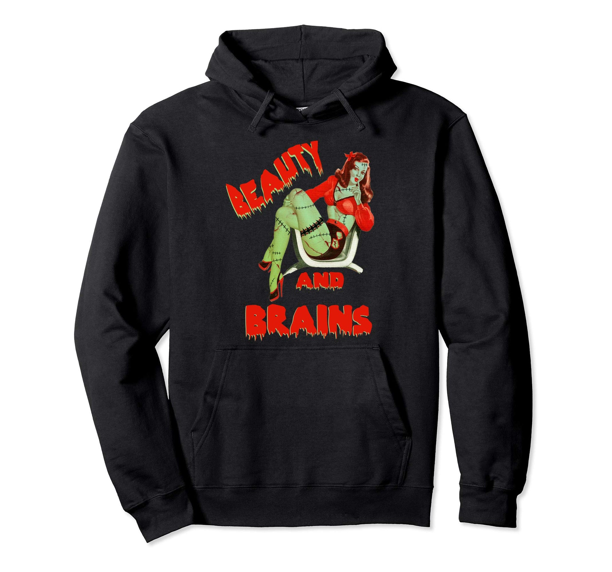 Zombie Pin Up Halloween Beauty Brains Hoodie - Streetwear Style for Adults - T-Shirt, Sweatshirt, Hoodie