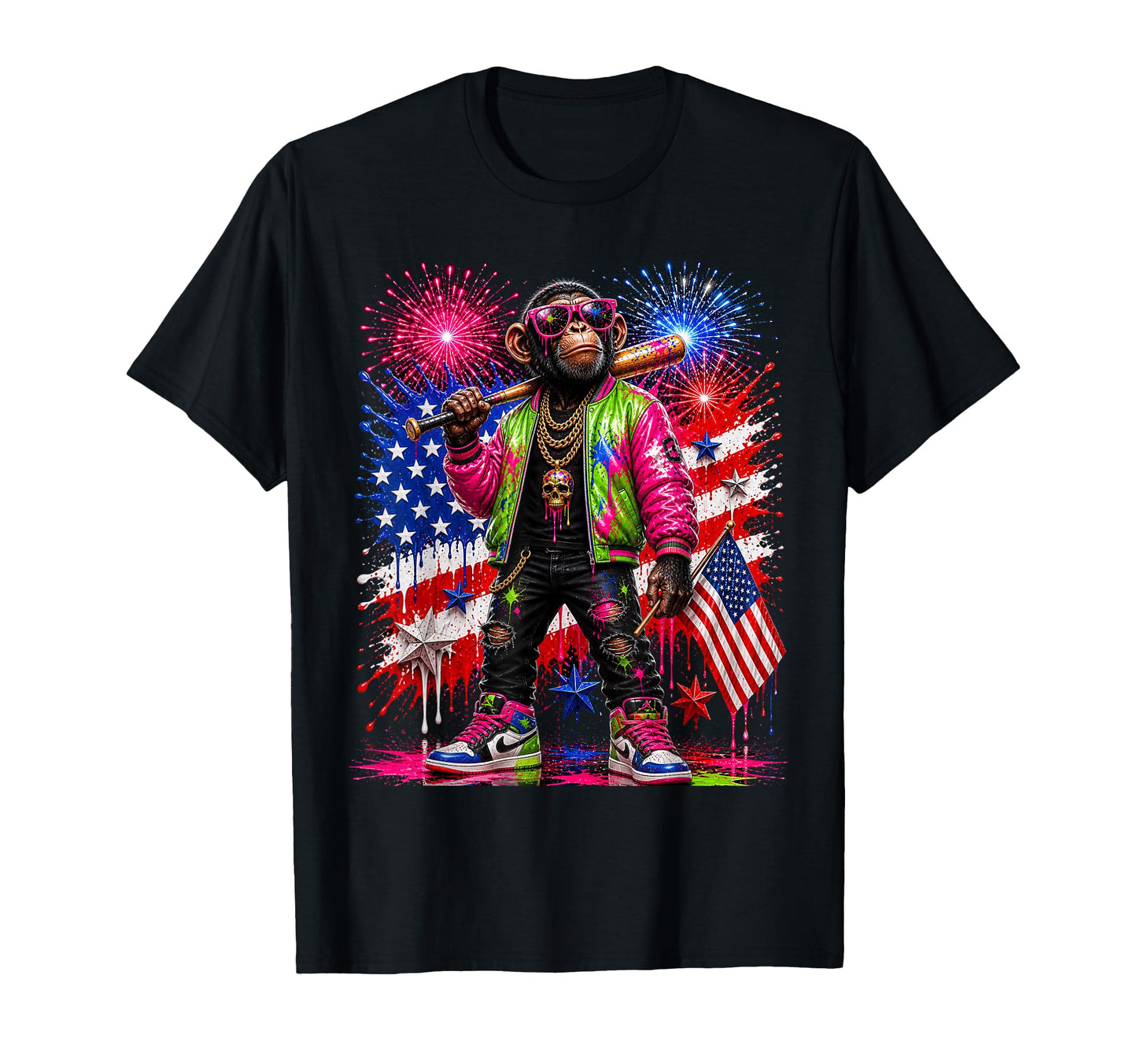 Monkey Baseball Drip Funny 4Th July T-Shirt - Unique Graphic for Adults - T-Shirt, Sweatshirt, Hoodie