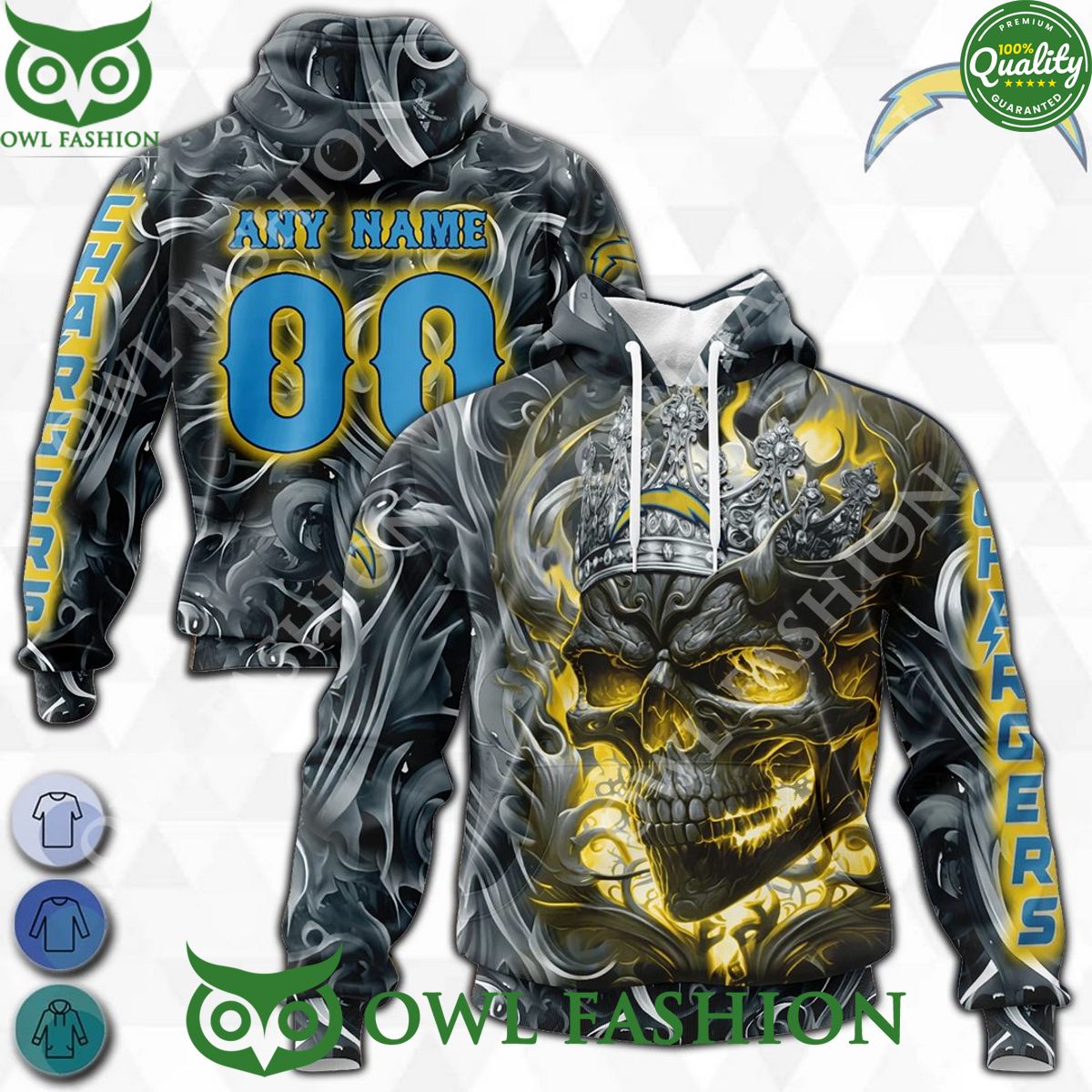 Los Angeles Chargers Skull Crown Yellow Custom Name - Adult & Kids T-Shirts, Sweatshirts & Hoodies apparel design preview 1
