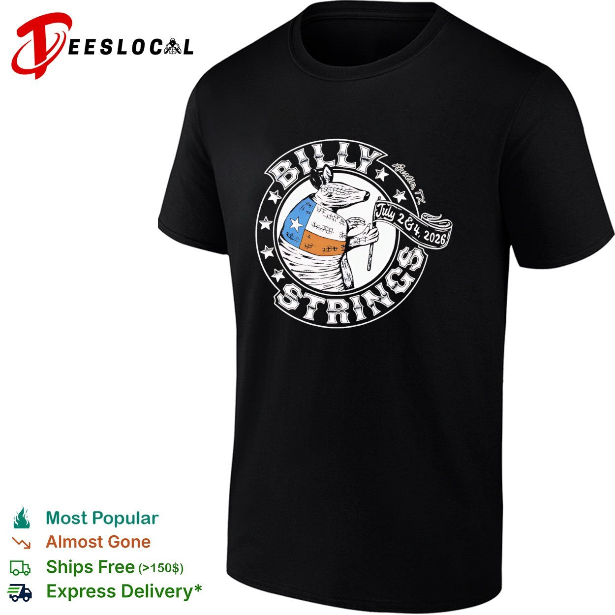 Billy Strings Austin TX July 2 and 4 2026 armadillo - Adult & Kids T-Shirts, Sweatshirts & Hoodies apparel design preview 1