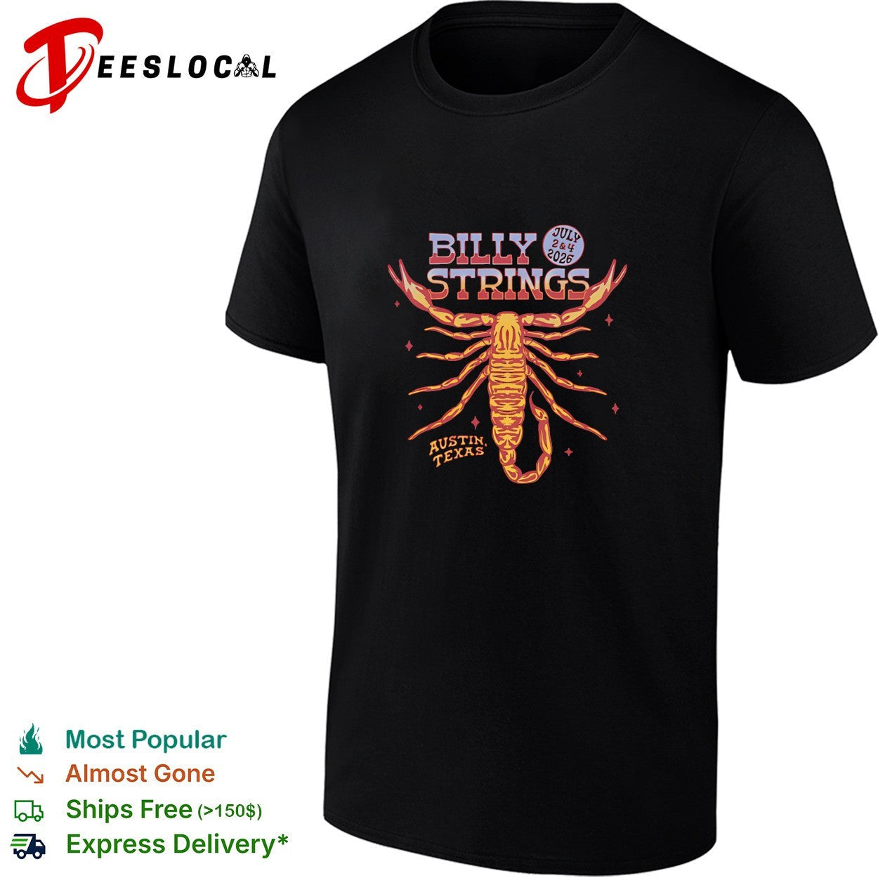 Billy Strings Austin Texas July 2 and 4 2026 scorpion - Adult & Kids T-Shirts, Sweatshirts & Hoodies apparel design preview 1