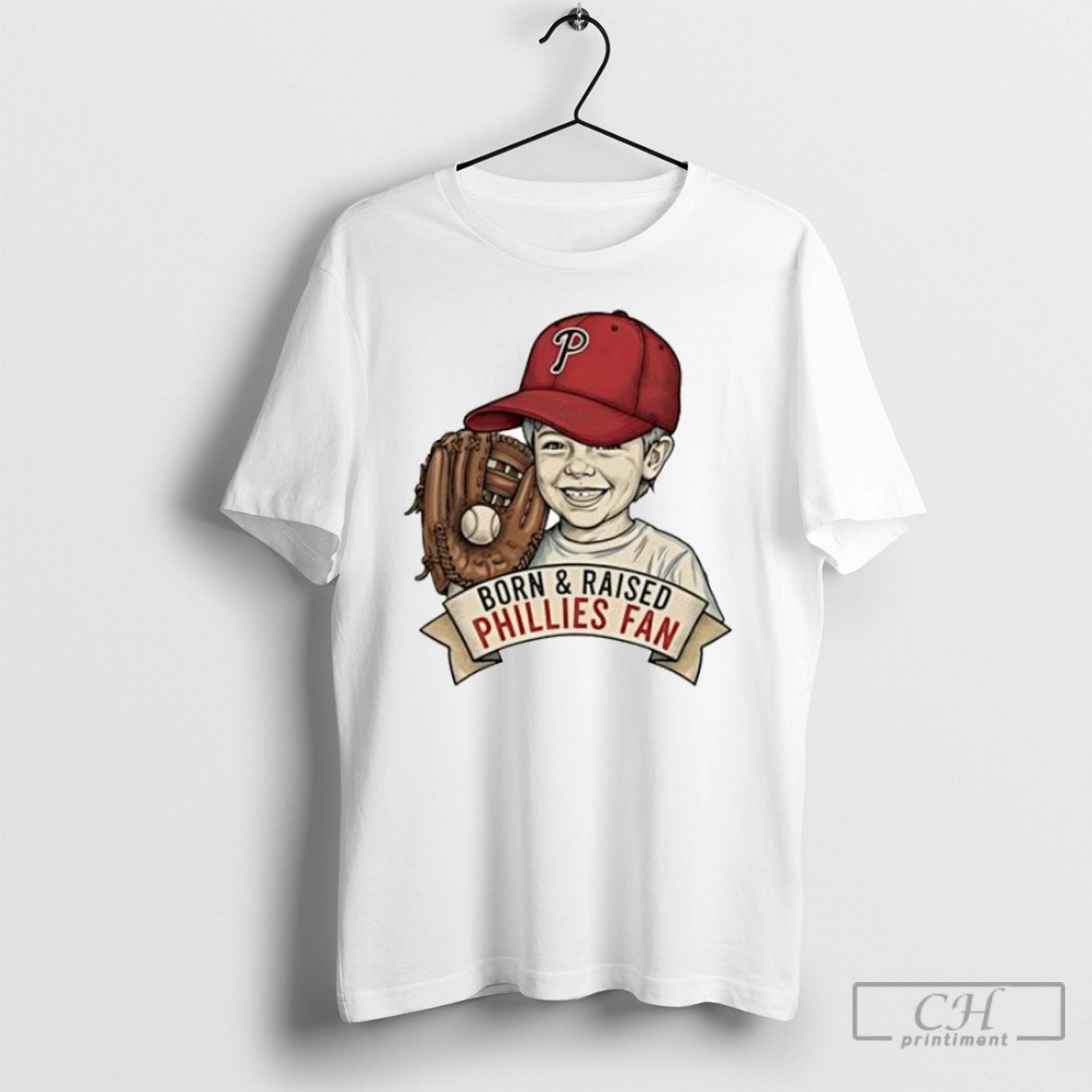 Born And Raised Phillies Fan Young Kid Baseball Glove - Adult & Kids T-Shirts, Sweatshirts & Hoodies apparel design preview 1