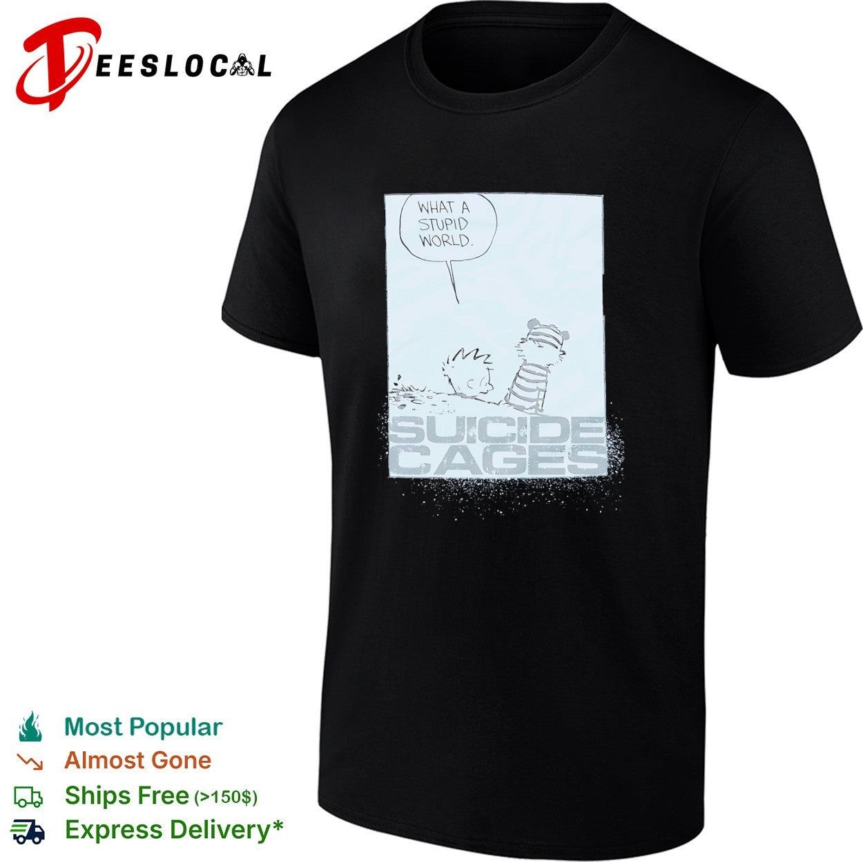 Calvin and Hobbes What a Stupid World Suicide Cages - Adult & Kids T-Shirts, Sweatshirts & Hoodies apparel design preview 1