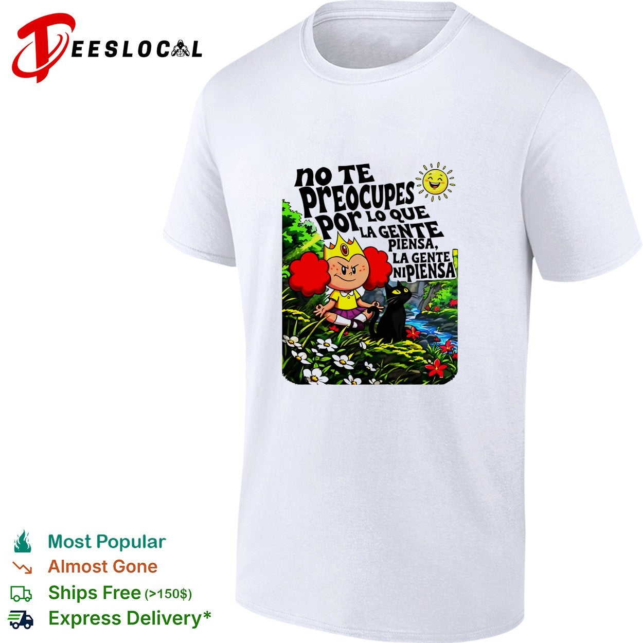 Cartoon girl with crown meditating cat no te - Adult & Kids T-Shirts, Sweatshirts & Hoodies apparel design preview 1