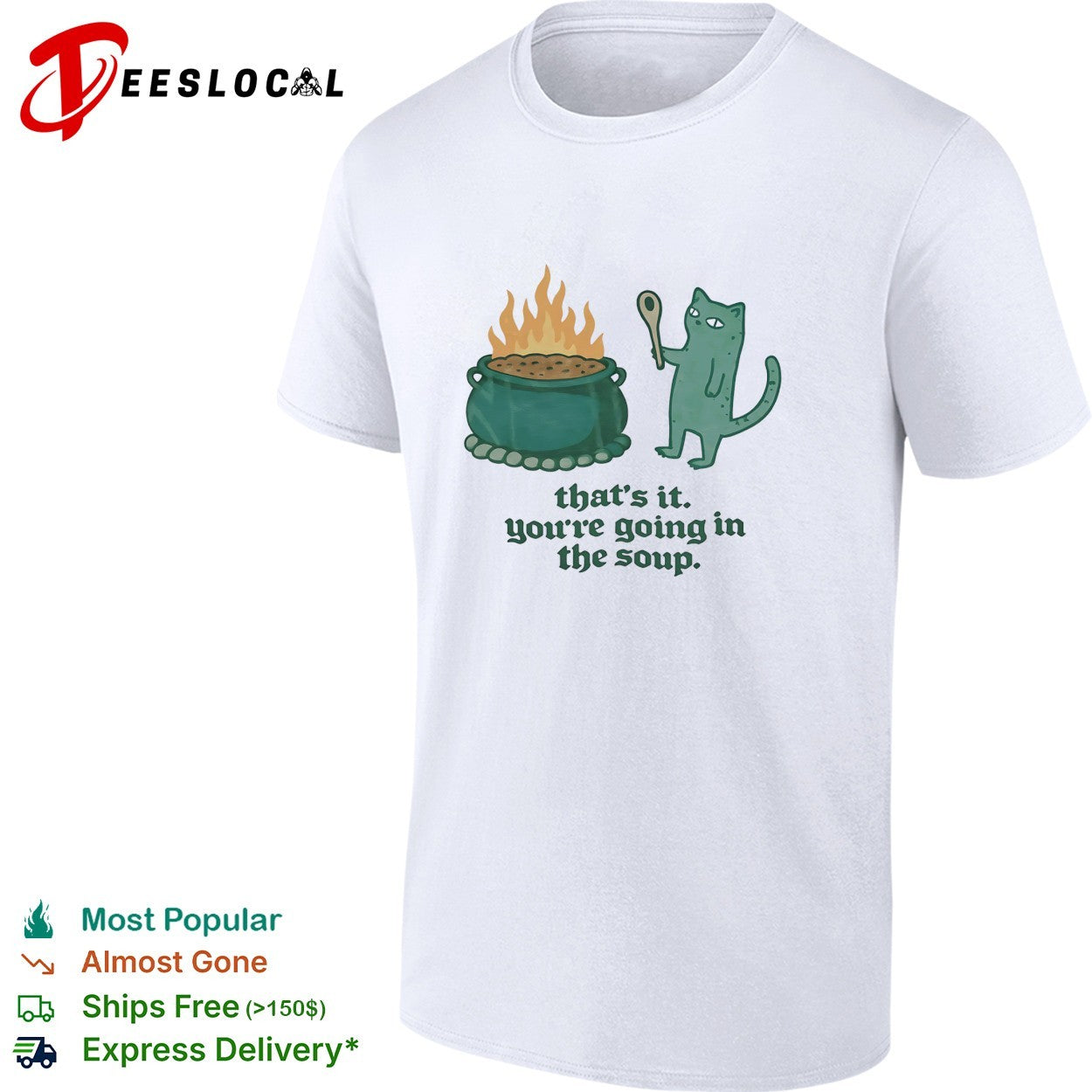 Cat holding spoon next to cauldron you're going in - Adult & Kids T-Shirts, Sweatshirts & Hoodies apparel design preview 1