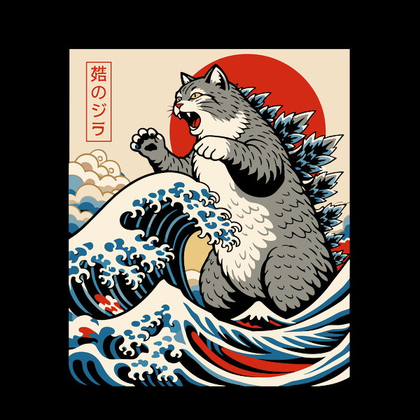 Catzilla The Great Wave - Adult & Kids T-Shirts, Sweatshirts & Hoodies apparel design preview 1
