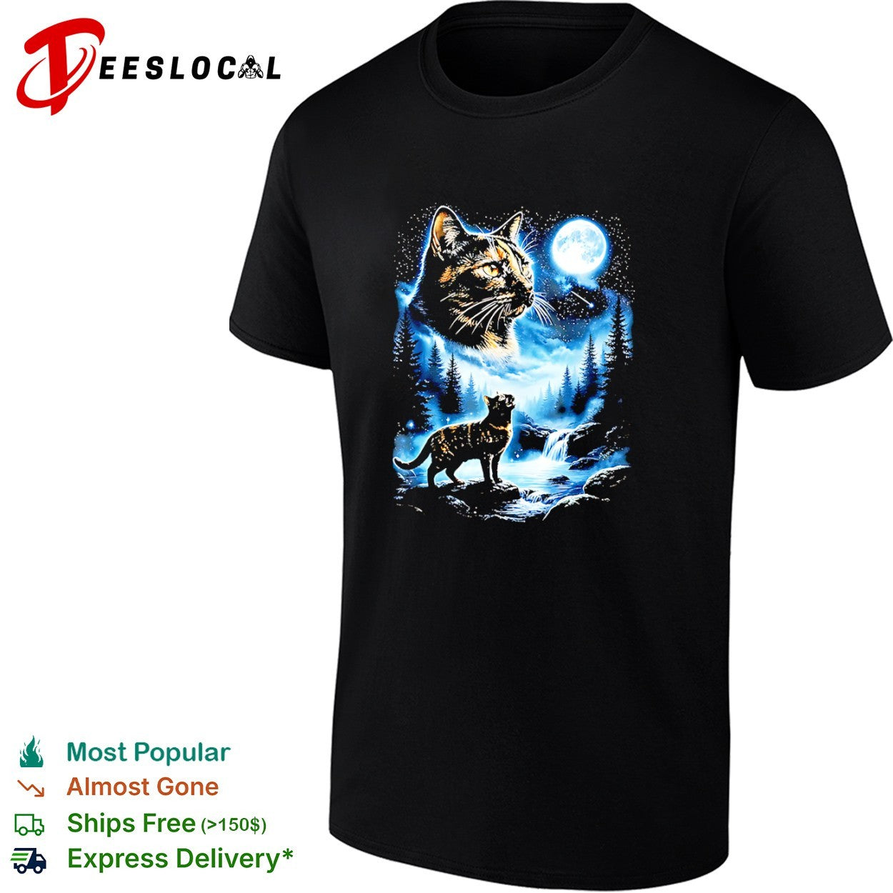 Celestial Cat and Full Moon Mountain Stream Forest - Adult & Kids T-Shirts, Sweatshirts & Hoodies apparel design preview 1