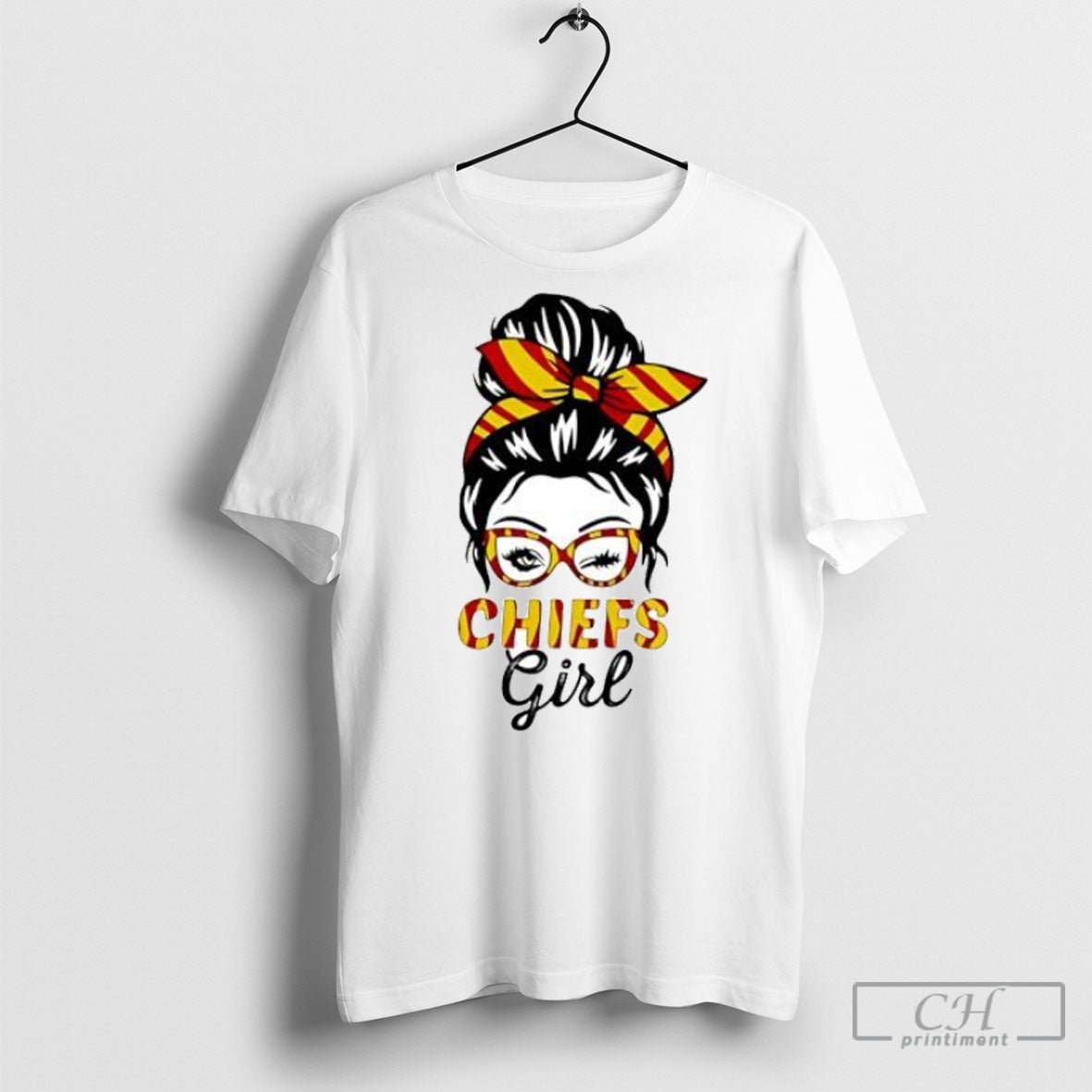 Chiefs Girl Winking Eye Messy Bun Leopard Print - Adult & Kids T-Shirts, Sweatshirts & Hoodies apparel design preview 1