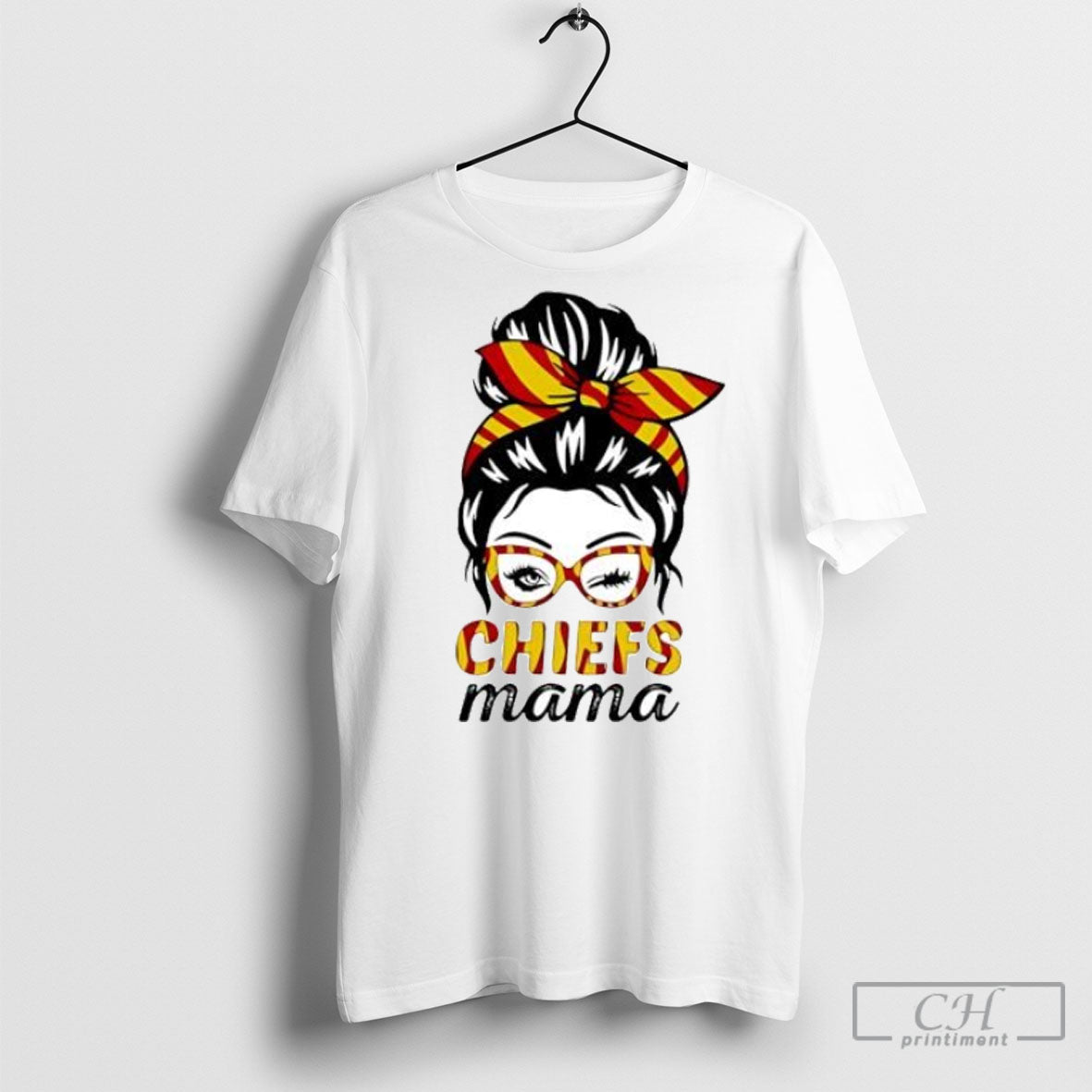 Chiefs Mama Winking Eye Messy Bun Leopard Print - Adult & Kids T-Shirts, Sweatshirts & Hoodies apparel design preview 1