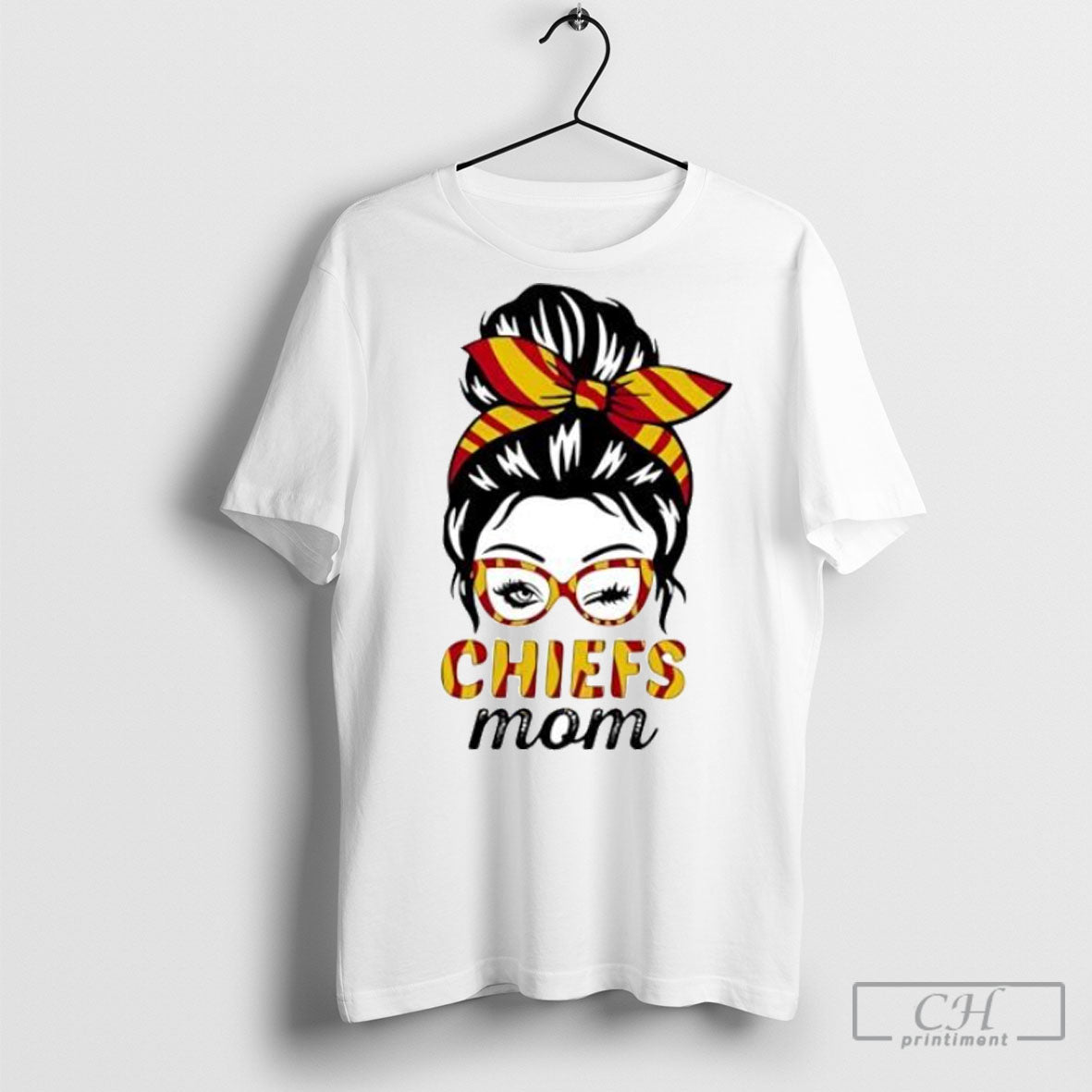 Chiefs Mom Winking Eye Messy Bun Leopard Print - Adult & Kids T-Shirts, Sweatshirts & Hoodies apparel design preview 1