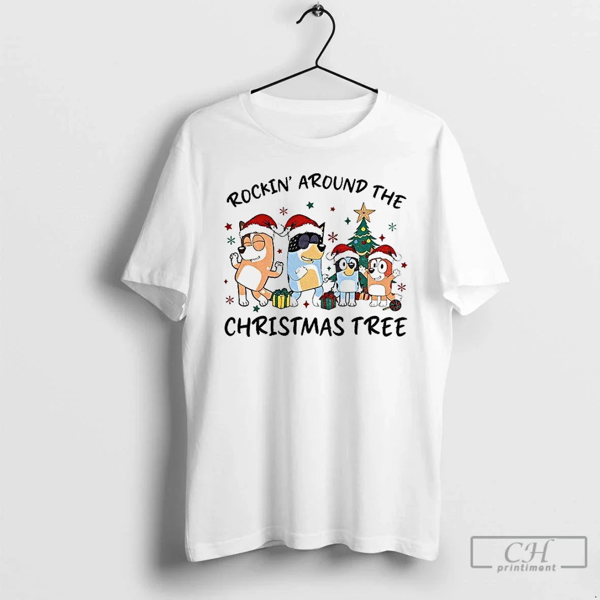 Classic Bluey Family Santa Hat Rockin Around The - Adult & Kids T-Shirts, Sweatshirts & Hoodies apparel design preview 1