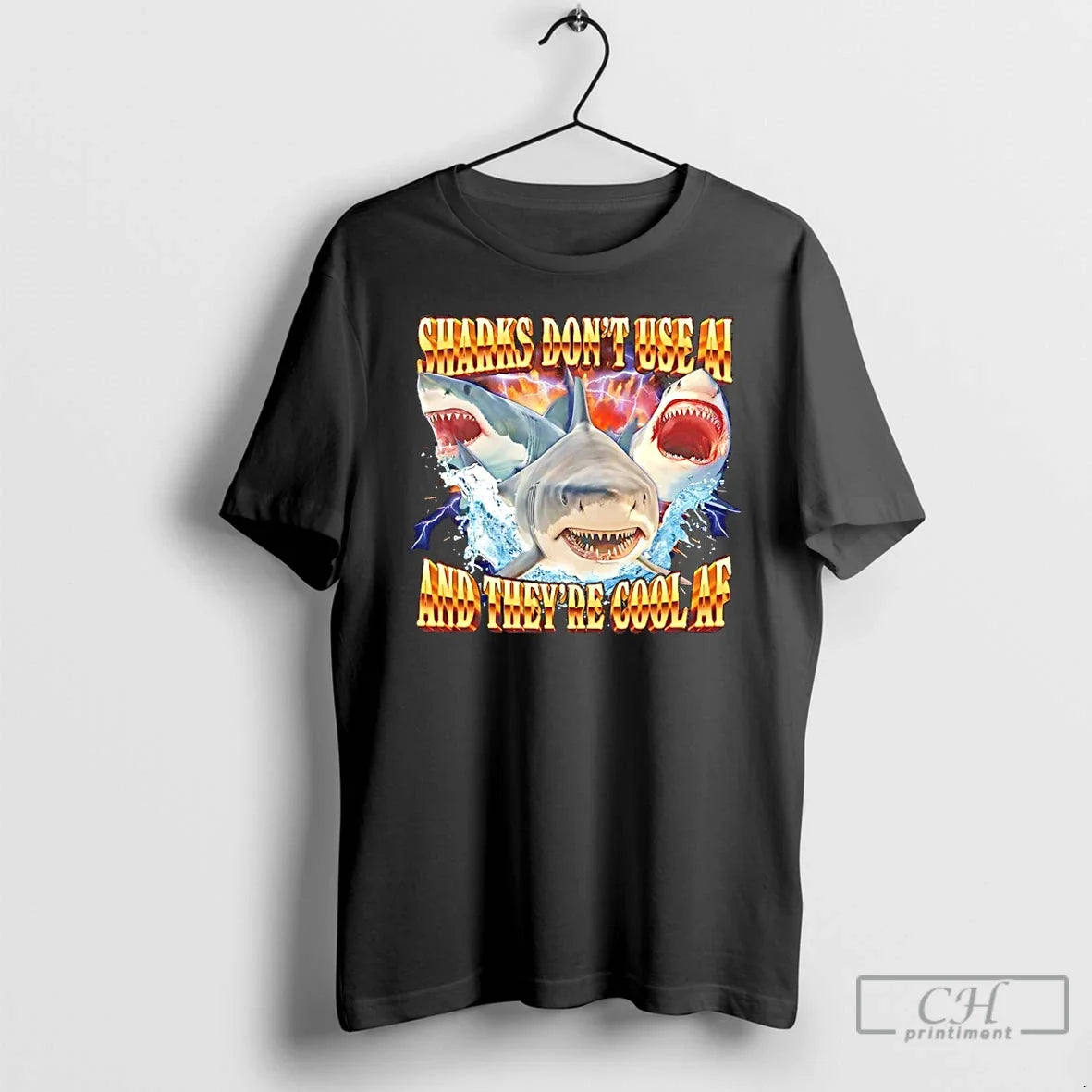 Classic Sharks Dont Use Ai And Theyre Cool Af 90s - Adult & Kids T-Shirts, Sweatshirts & Hoodies apparel design preview 1