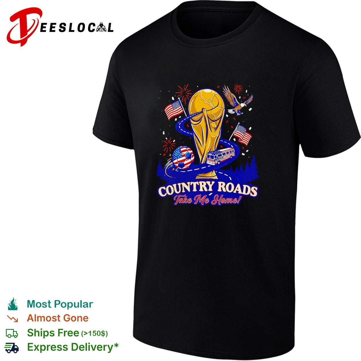 Country Roads Take Me Home USA Soccer World Cup - Adult & Kids T-Shirts, Sweatshirts & Hoodies apparel design preview 1