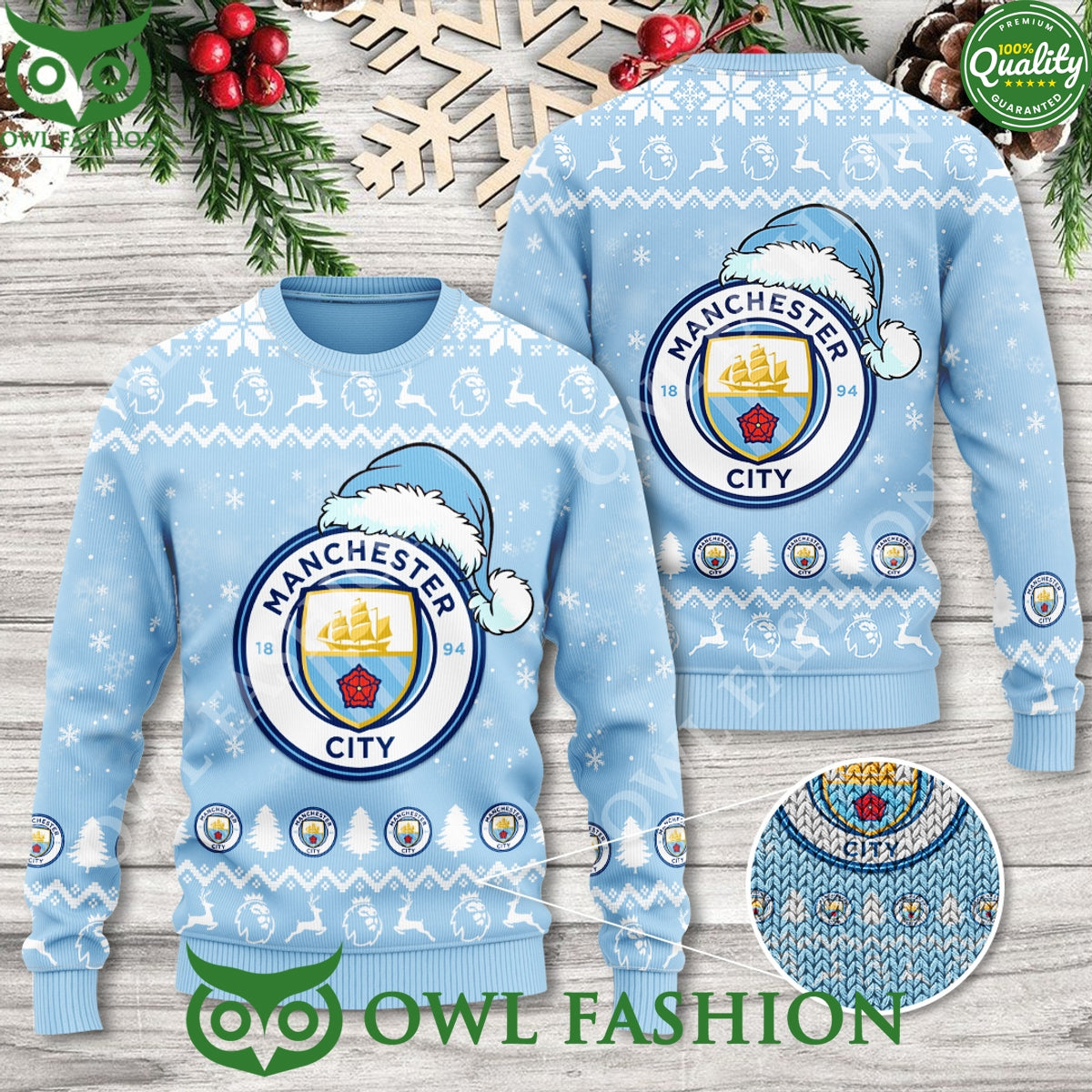 Manchester City Light Blue Christmas Hat 3D Ugly - Adult & Kids T-Shirts, Sweatshirts & Hoodies apparel design preview 1