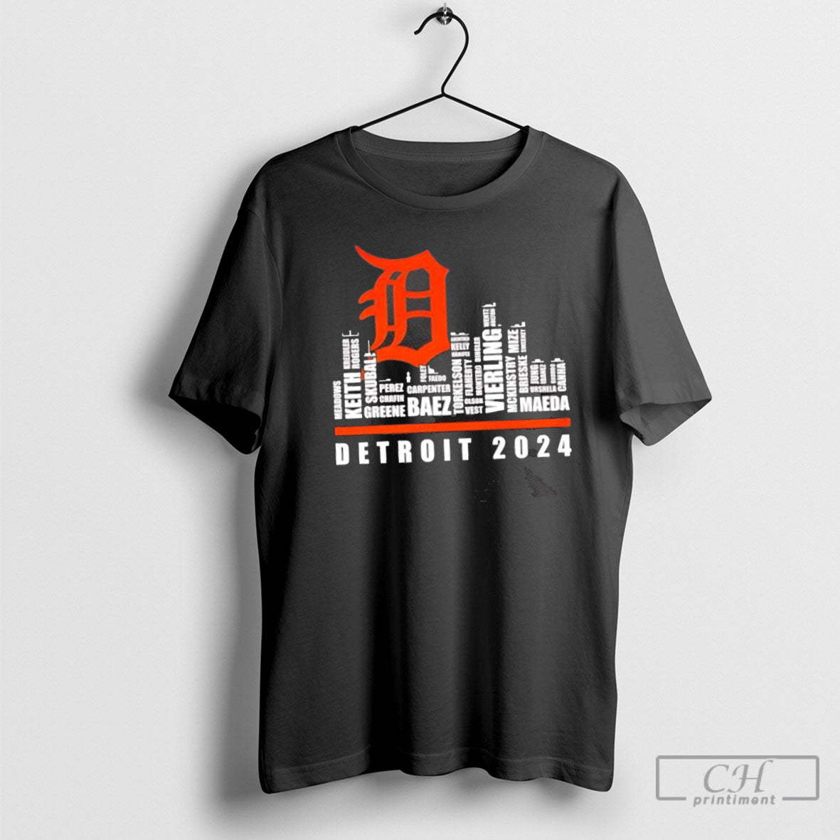 Detroit Tigers 2024 Baseball Skyline Players Names - Adult & Kids T-Shirts, Sweatshirts & Hoodies apparel design preview 1