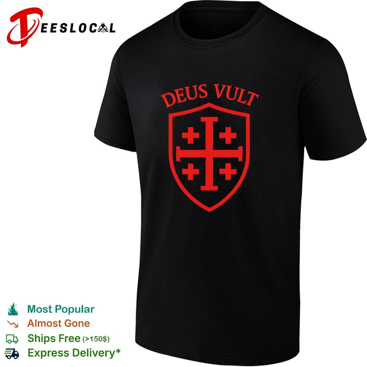 Deus Vult Jerusalem Cross Shield Crusader - Adult & Kids T-Shirts, Sweatshirts & Hoodies apparel design preview 1