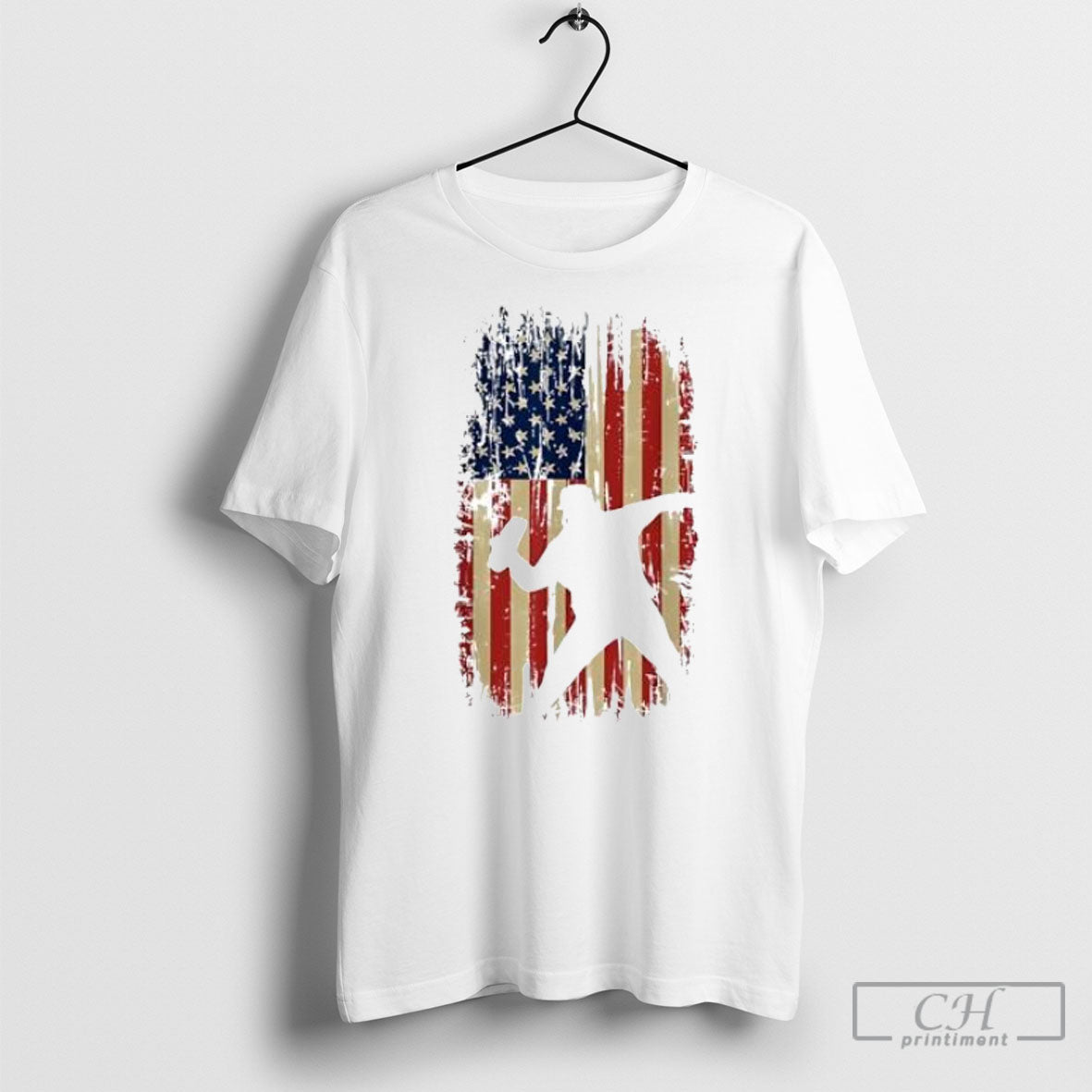 Distressed American Flag Baseball Pitcher Silhouette - Adult & Kids T-Shirts, Sweatshirts & Hoodies apparel design preview 1