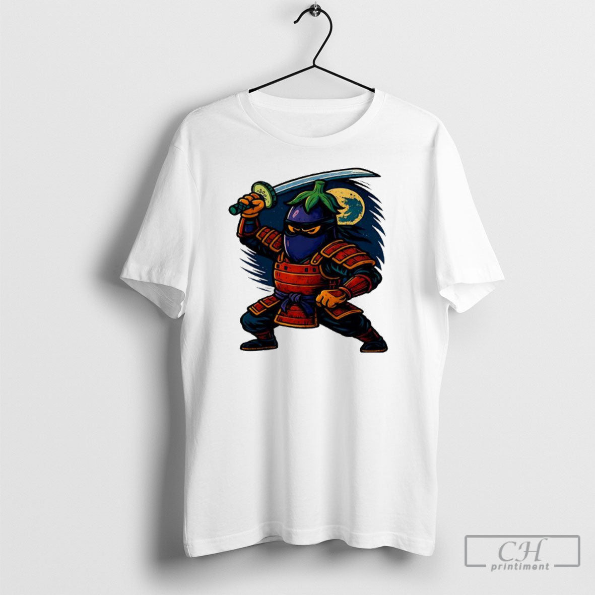 Eggplant Ninja Holding Sword Under Full Moon Warrior - Adult & Kids T-Shirts, Sweatshirts & Hoodies apparel design preview 1