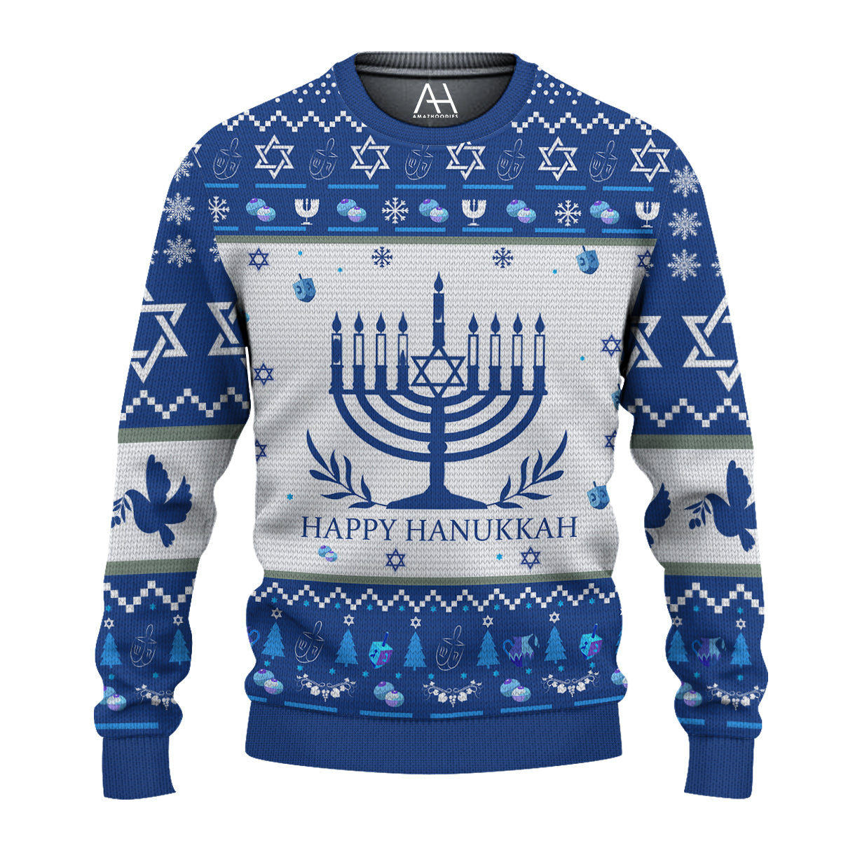Happy Hanukkah Dark Blue 3D Ugly Sweater Jumper - Adult & Kids T-Shirts, Sweatshirts & Hoodies apparel design preview 1