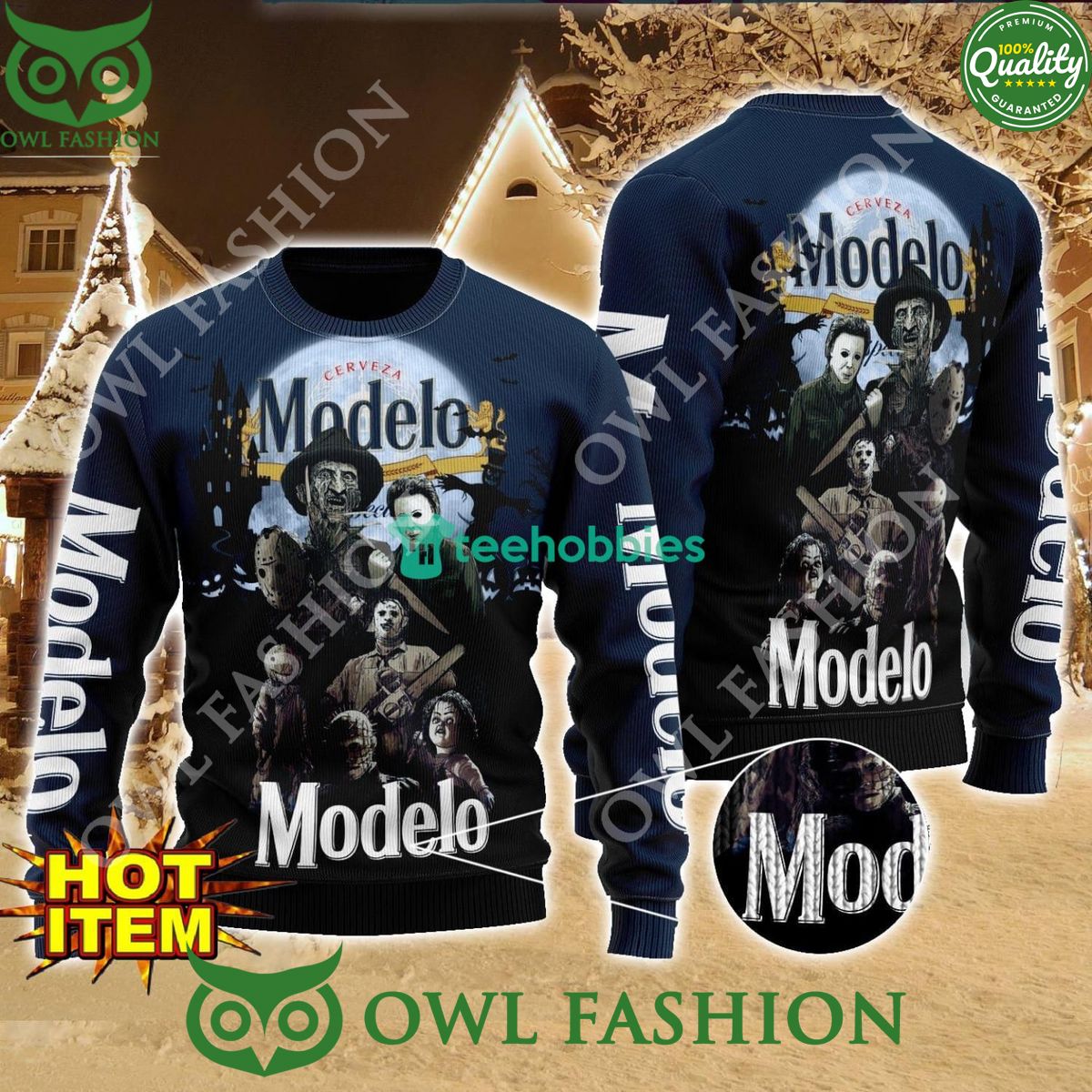 Modelo Horror Halloween Night 2024 Ugly Sweater - Adult & Kids T-Shirts, Sweatshirts & Hoodies apparel design preview 1