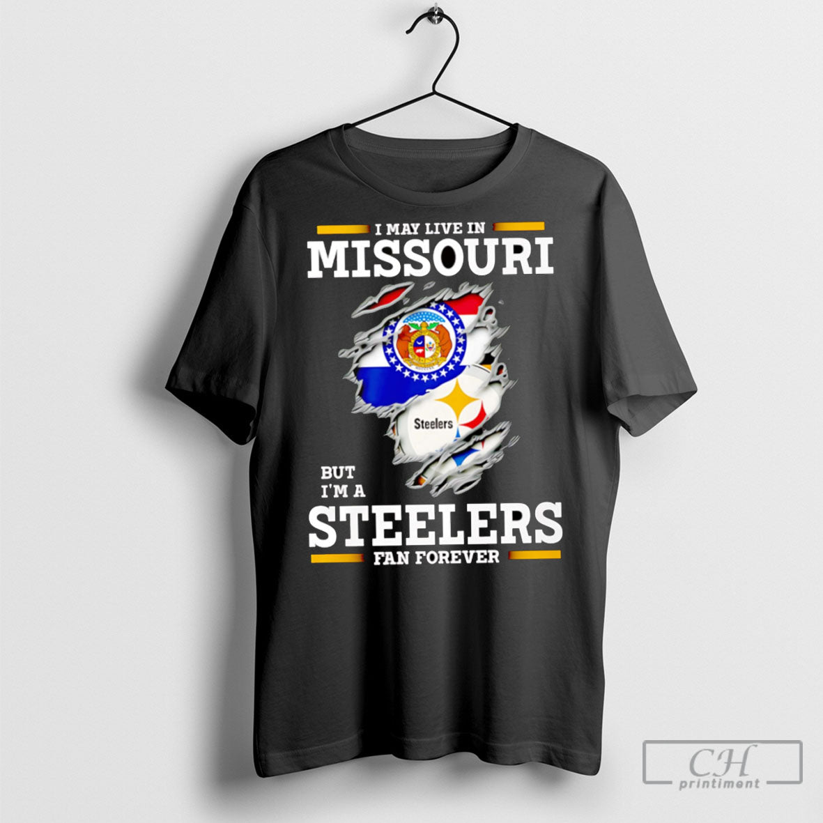 I May Live In Missouri But Im A Steelers Fan Forever - Adult & Kids T-Shirts, Sweatshirts & Hoodies apparel design preview 1