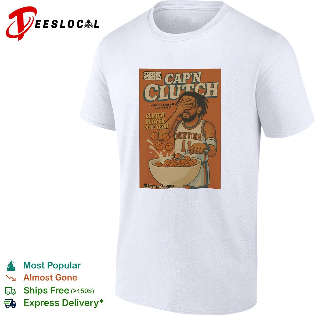 Jalen Brunson Knicks Cap'n Clutch GOAT cereal box - Adult & Kids T-Shirts, Sweatshirts & Hoodies apparel design preview 1