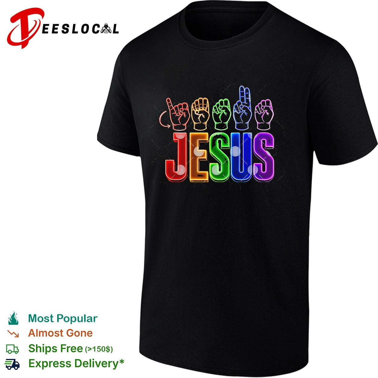 Jesus ASL sign language hands neon letters - Adult & Kids T-Shirts, Sweatshirts & Hoodies apparel design preview 1