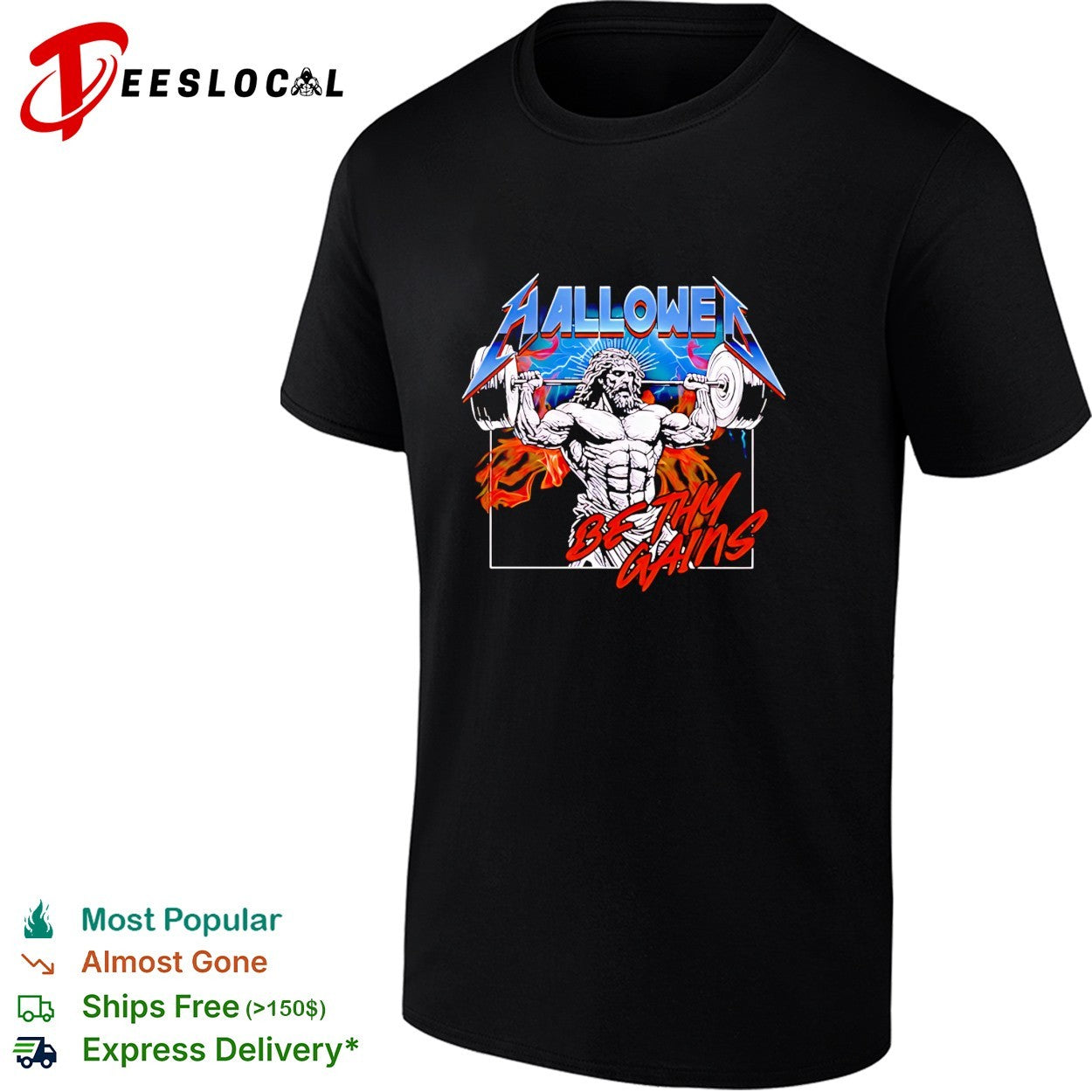 Jesus weightlifting musclar Hallowed Be Thy Gains - Adult & Kids T-Shirts, Sweatshirts & Hoodies apparel design preview 1