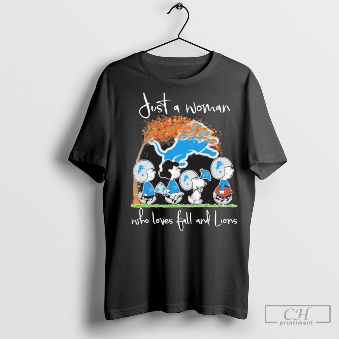 Just A Woman Who Loves Fall And Detroit Lions X The - Adult & Kids T-Shirts, Sweatshirts & Hoodies apparel design preview 1