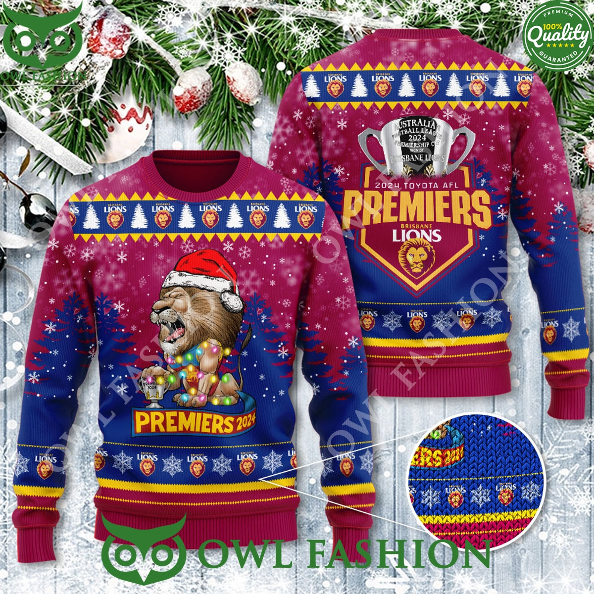Brisbane Lions Premiers 2024 Xmas 3D Ugly Sweater - Adult & Kids T-Shirts, Sweatshirts & Hoodies apparel design preview 1