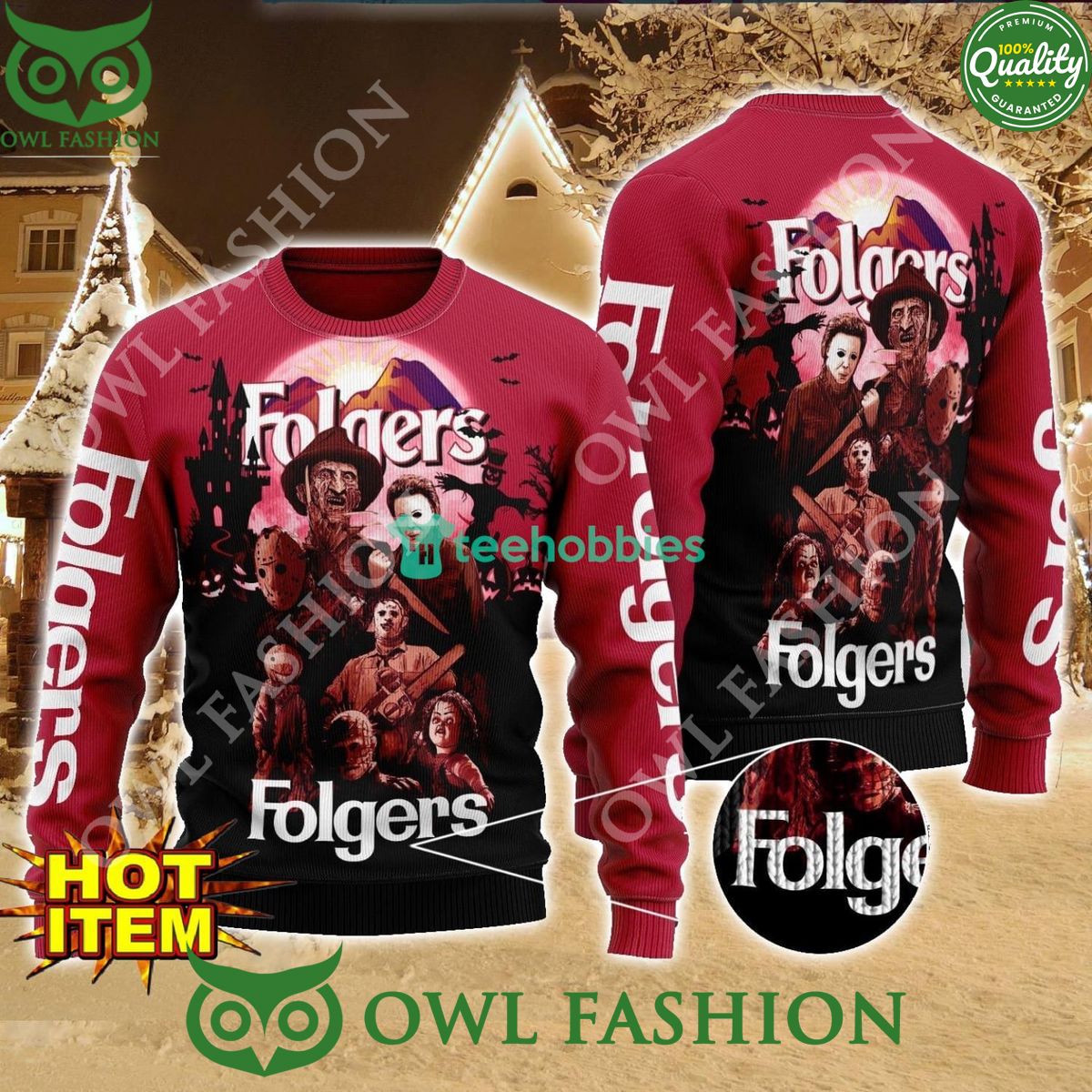 Halloween Folgers Horror Night 2024 Ugly Sweater - Adult & Kids T-Shirts, Sweatshirts & Hoodies apparel design preview 1