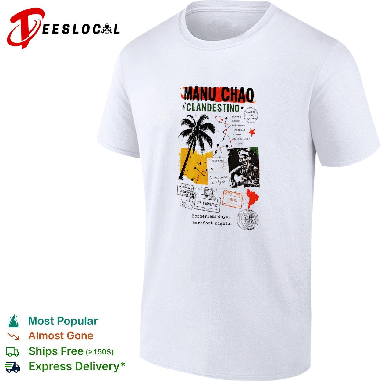 Manu Chao Clandestino viajero sin destino fronteras - Adult & Kids T-Shirts, Sweatshirts & Hoodies apparel design preview 1