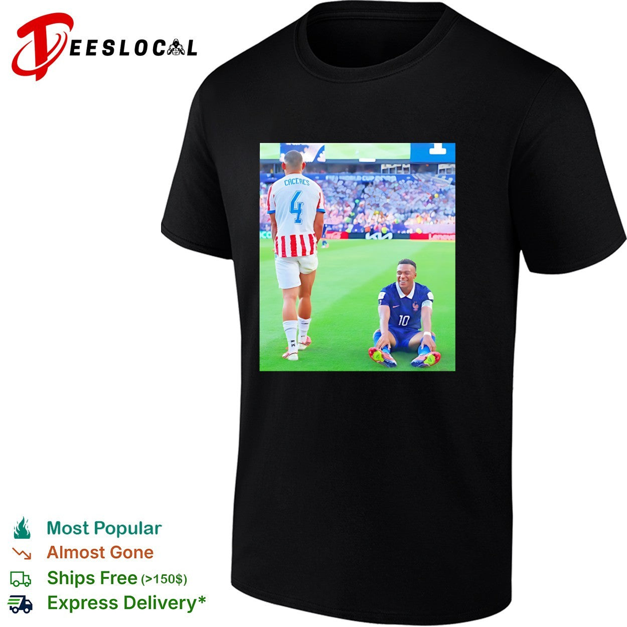 Mbappe France number 10 laughing on pitch Caceres 4 - Adult & Kids T-Shirts, Sweatshirts & Hoodies apparel design preview 1