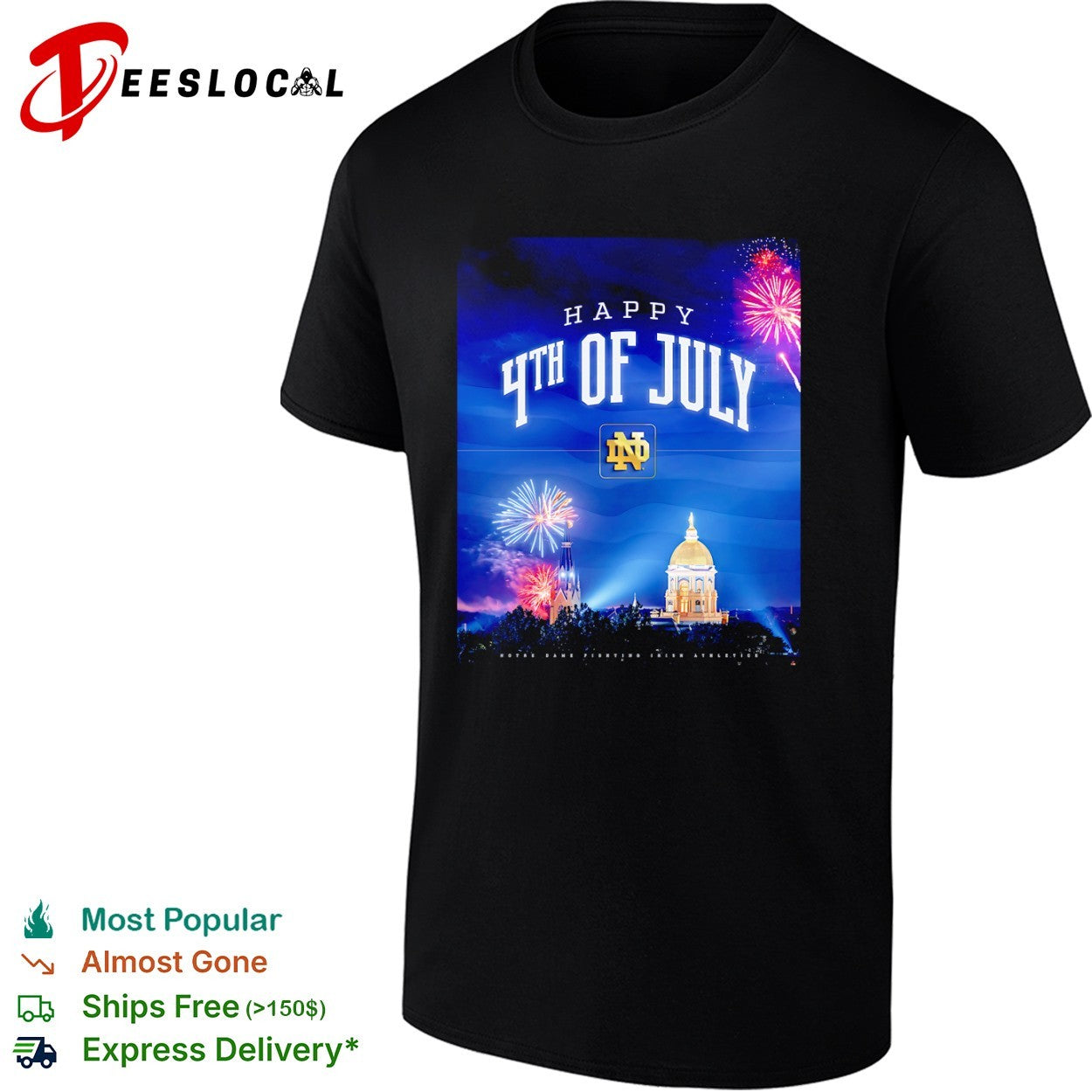 Notre Dame Fighting Irish happy 4th of July fireworks - Adult & Kids T-Shirts, Sweatshirts & Hoodies apparel design preview 1