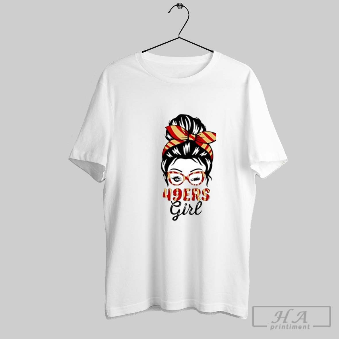 Official 49ers Girl Messy Bun Winking Eye San - Adult & Kids T-Shirts, Sweatshirts & Hoodies apparel design preview 1