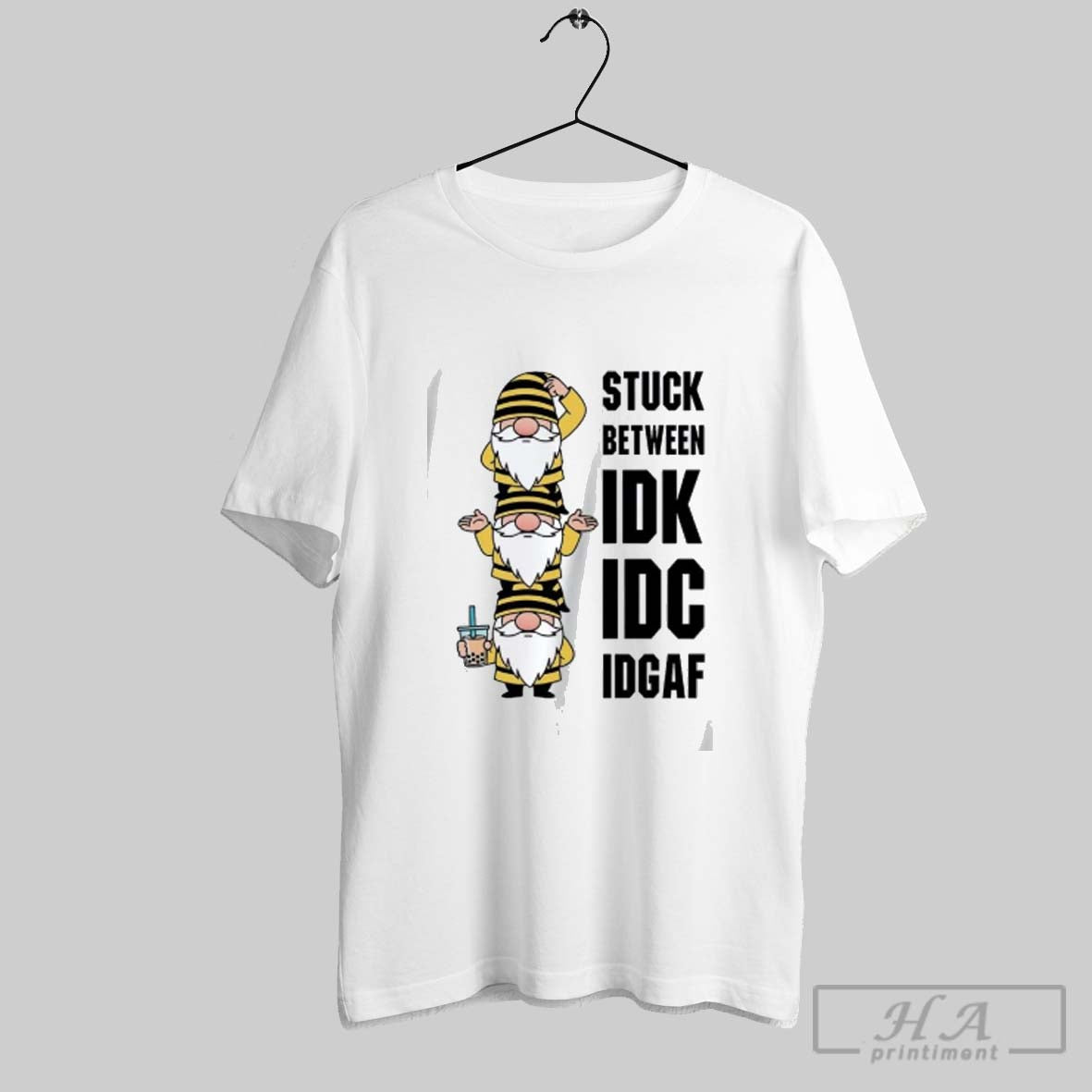 Official Gnome Stuck Between Idk Idc Idgaf - Adult & Kids T-Shirts, Sweatshirts & Hoodies apparel design preview 1