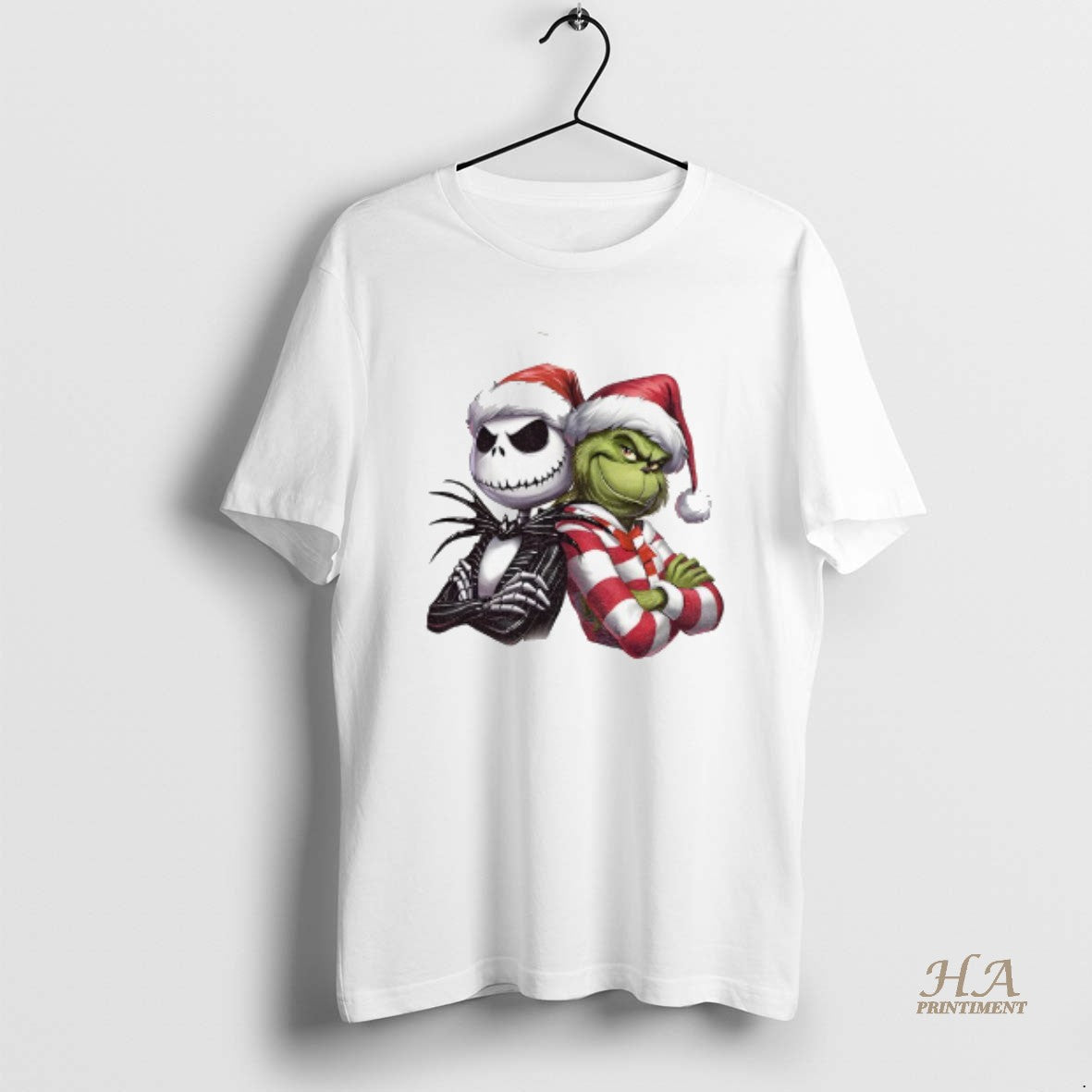 Official Jack Skellington And Grinch Santa Hat - Adult & Kids T-Shirts, Sweatshirts & Hoodies apparel design preview 1