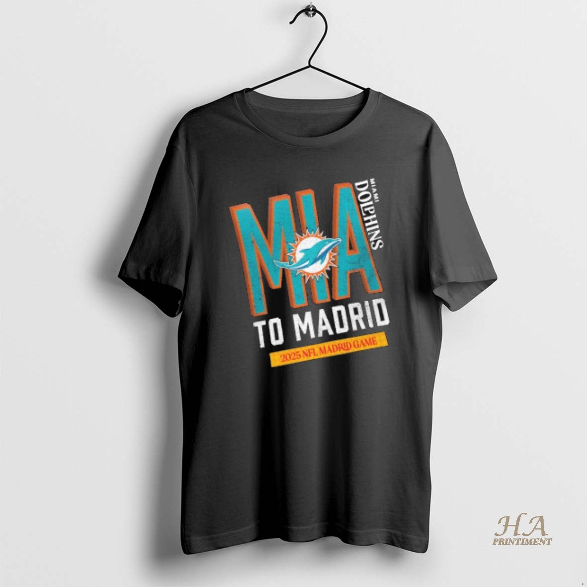 Official Miami Dolphins 2025 To Madrid We Go - Adult & Kids T-Shirts, Sweatshirts & Hoodies apparel design preview 1
