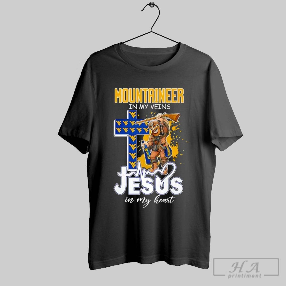Official Mountaineer In My Veins Jesus Heart - Adult & Kids T-Shirts, Sweatshirts & Hoodies apparel design preview 1
