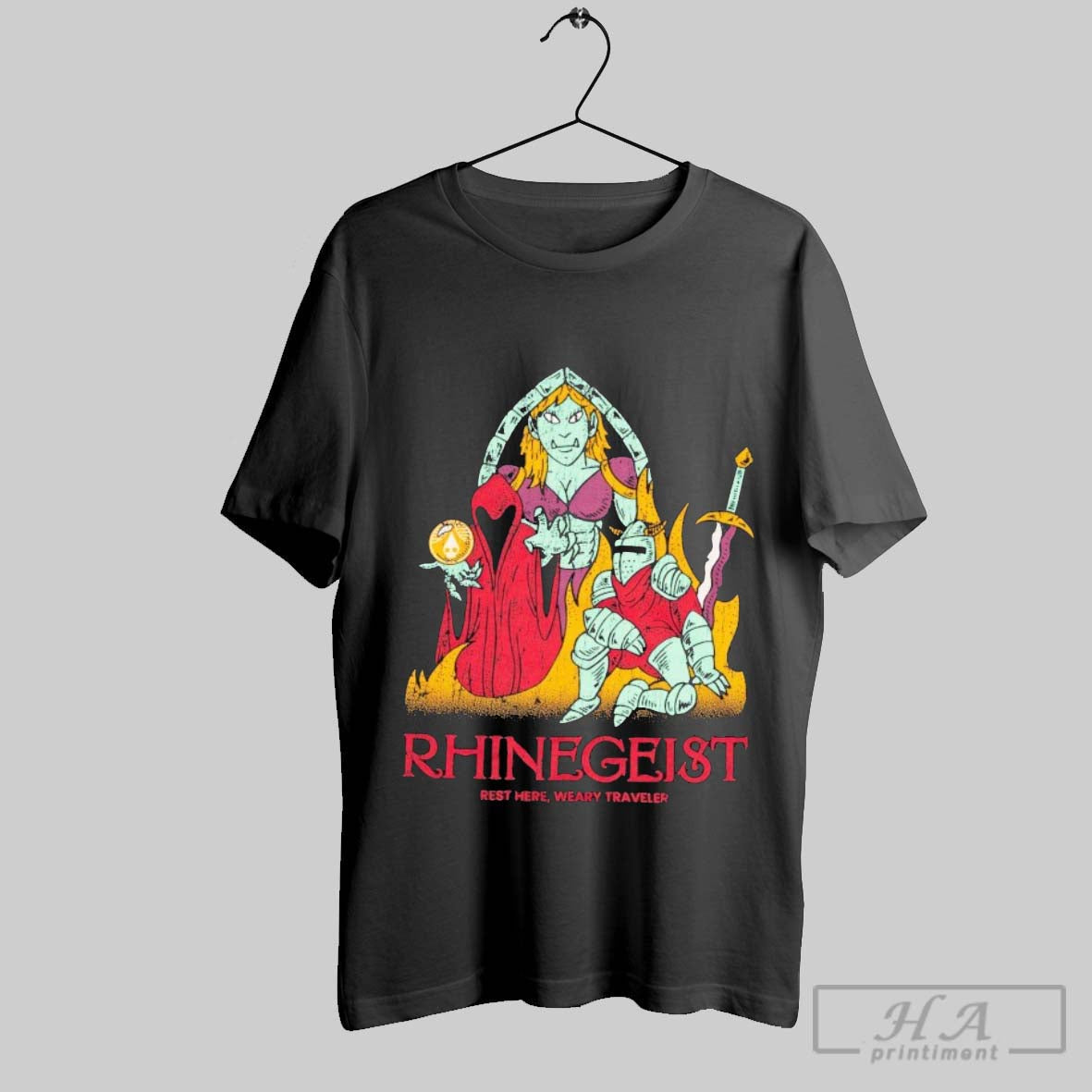 Official Rhinegeist Rest Here Weary Traveler Knight - Adult & Kids T-Shirts, Sweatshirts & Hoodies apparel design preview 1