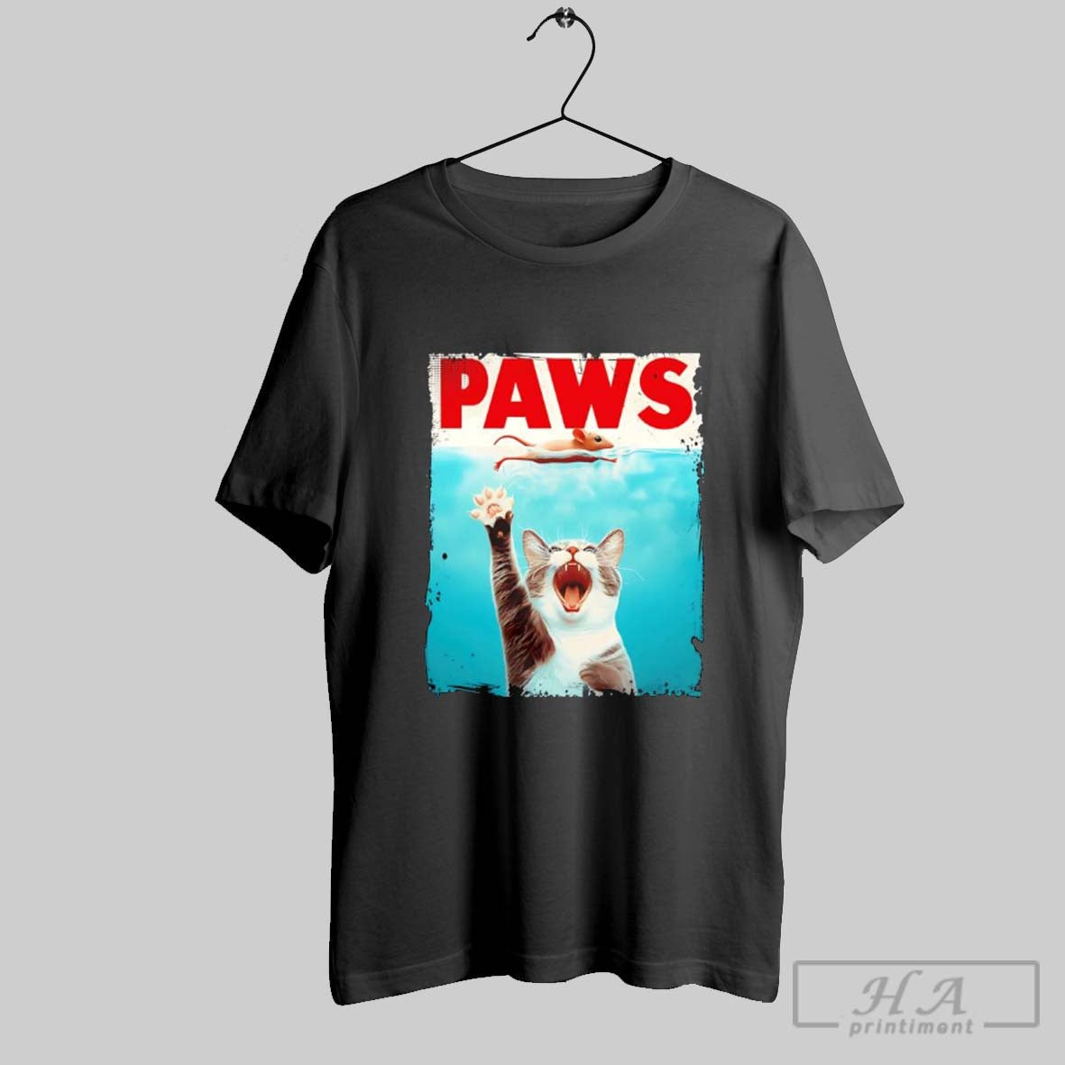Official Paws Jaws Film Cat Catching A Mouse - Adult & Kids T-Shirts, Sweatshirts & Hoodies apparel design preview 1